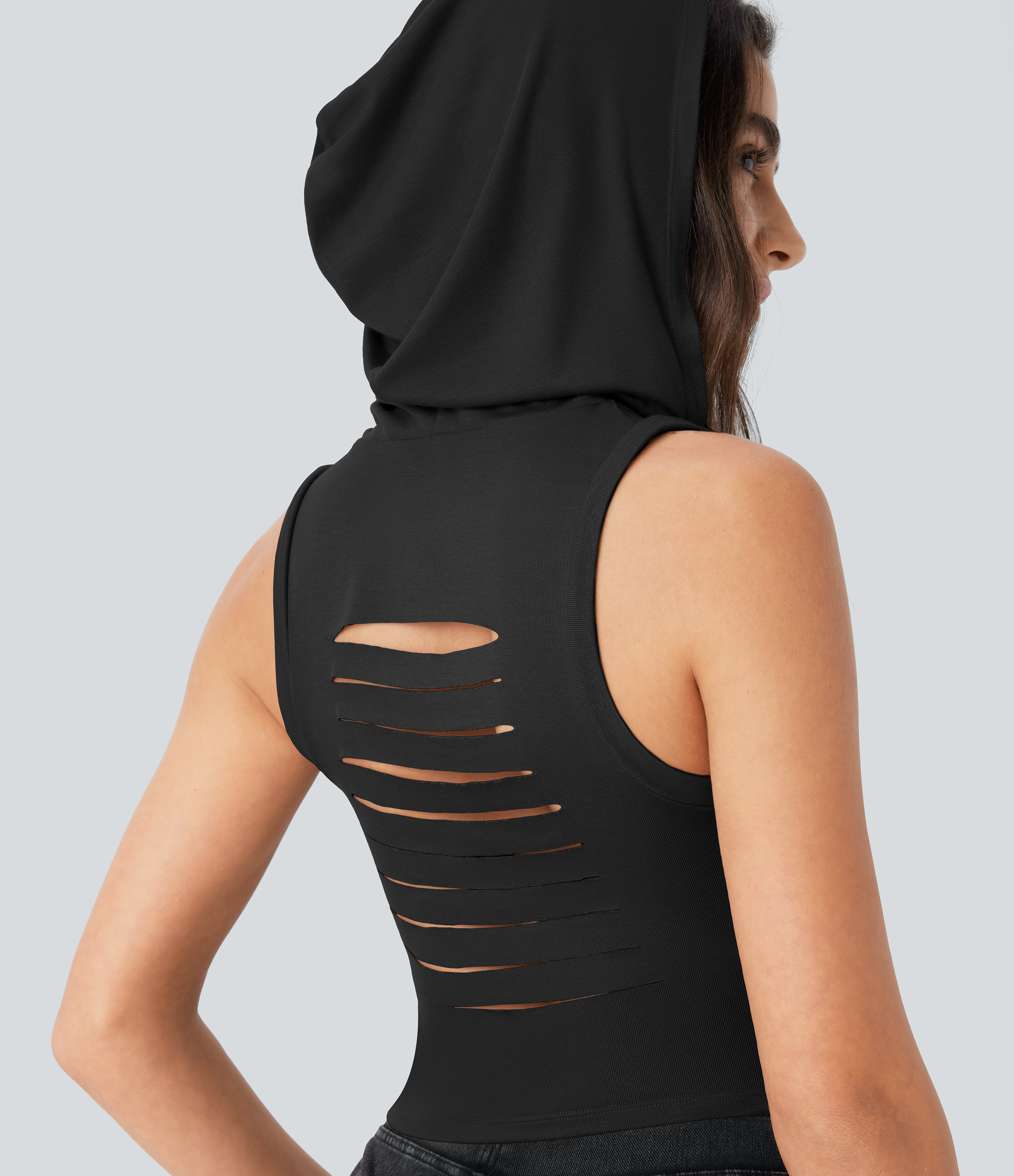 Halara Ribbed Hooded High Neck Sleeveless Cut Out Cropped Casual Tank Top Tank Top - Black - S golf tops halter top tunic tops 