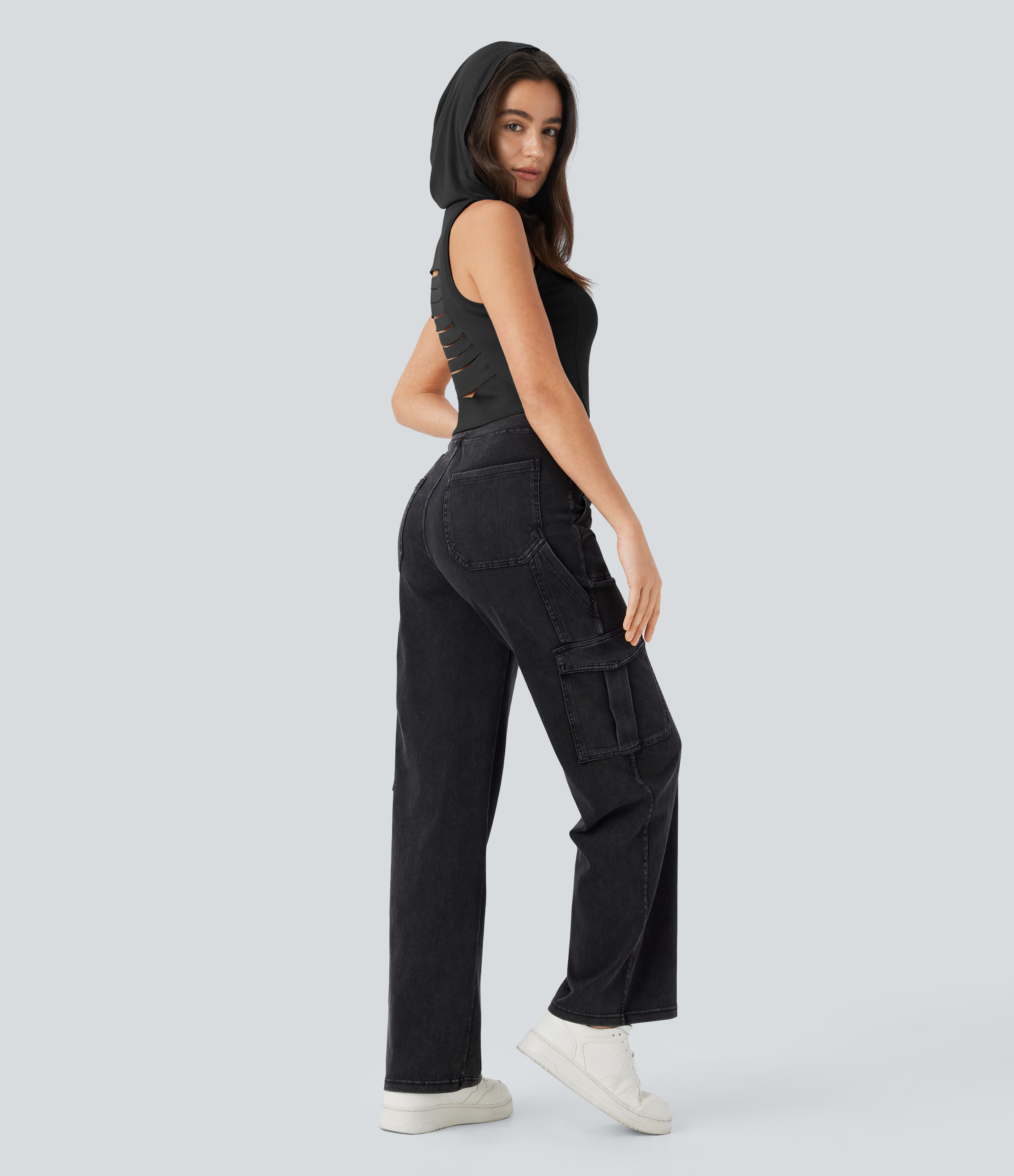 Halara Ribbed Hooded High Neck Sleeveless Cut Out Cropped Casual Tank Top Tank Top - Black - S golf tops halter top tunic tops 