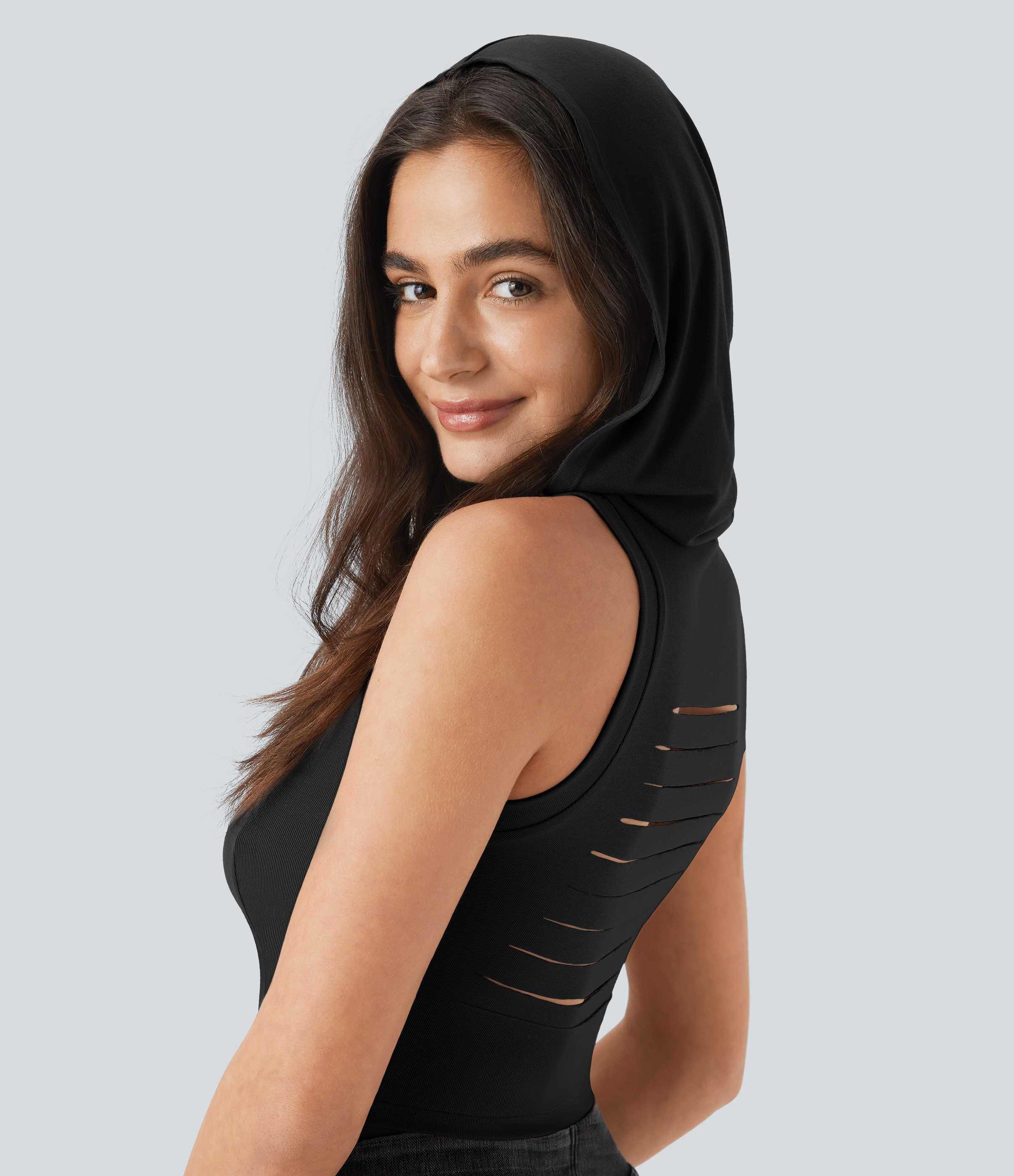 Halara Ribbed Hooded High Neck Sleeveless Cut Out Cropped Casual Tank Top Tank Top - Black - S golf tops halter top tunic tops 