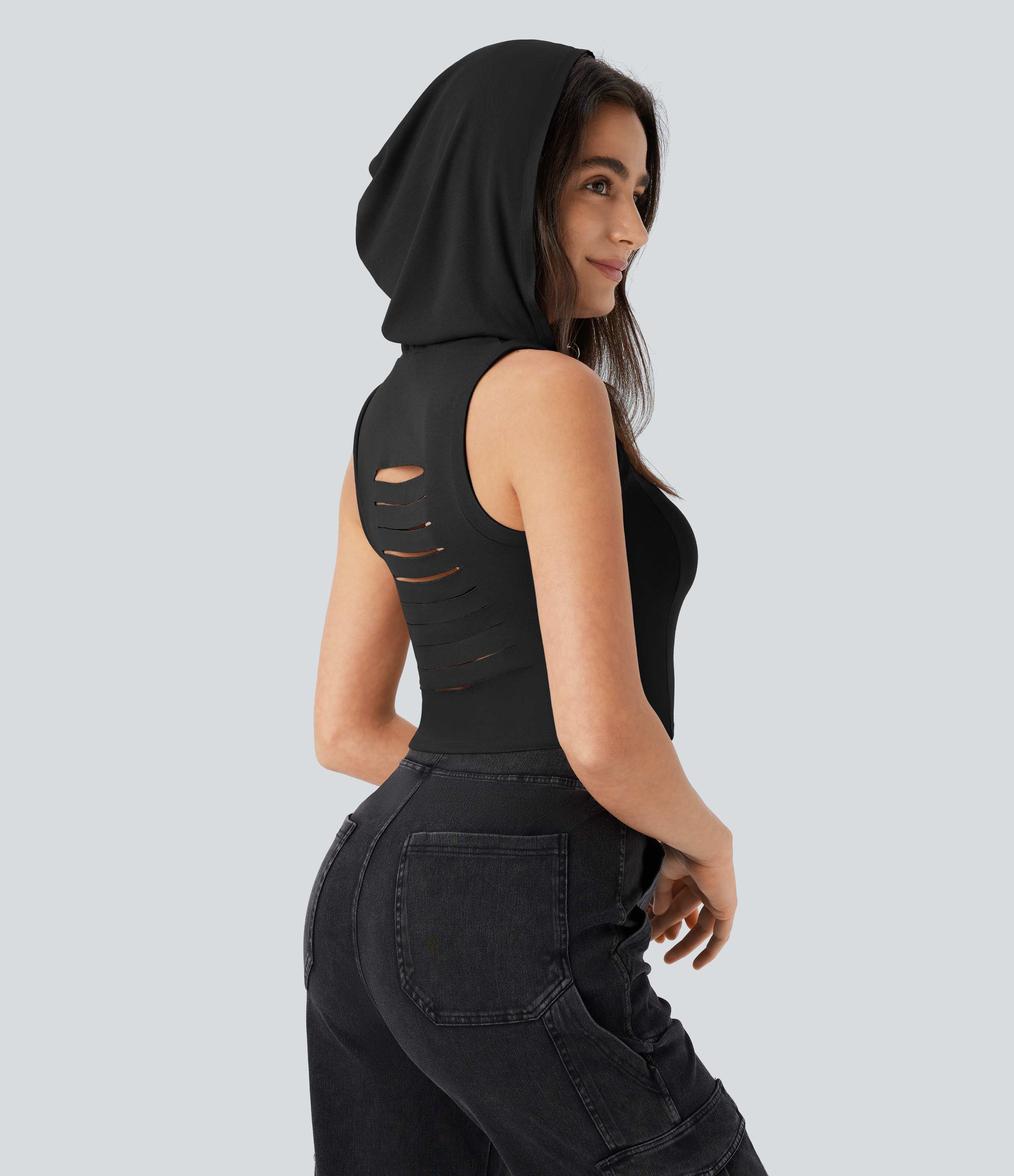 Halara Ribbed Hooded High Neck Sleeveless Cut Out Cropped Casual Tank Top Tank Top - Black - S golf tops halter top tunic tops 