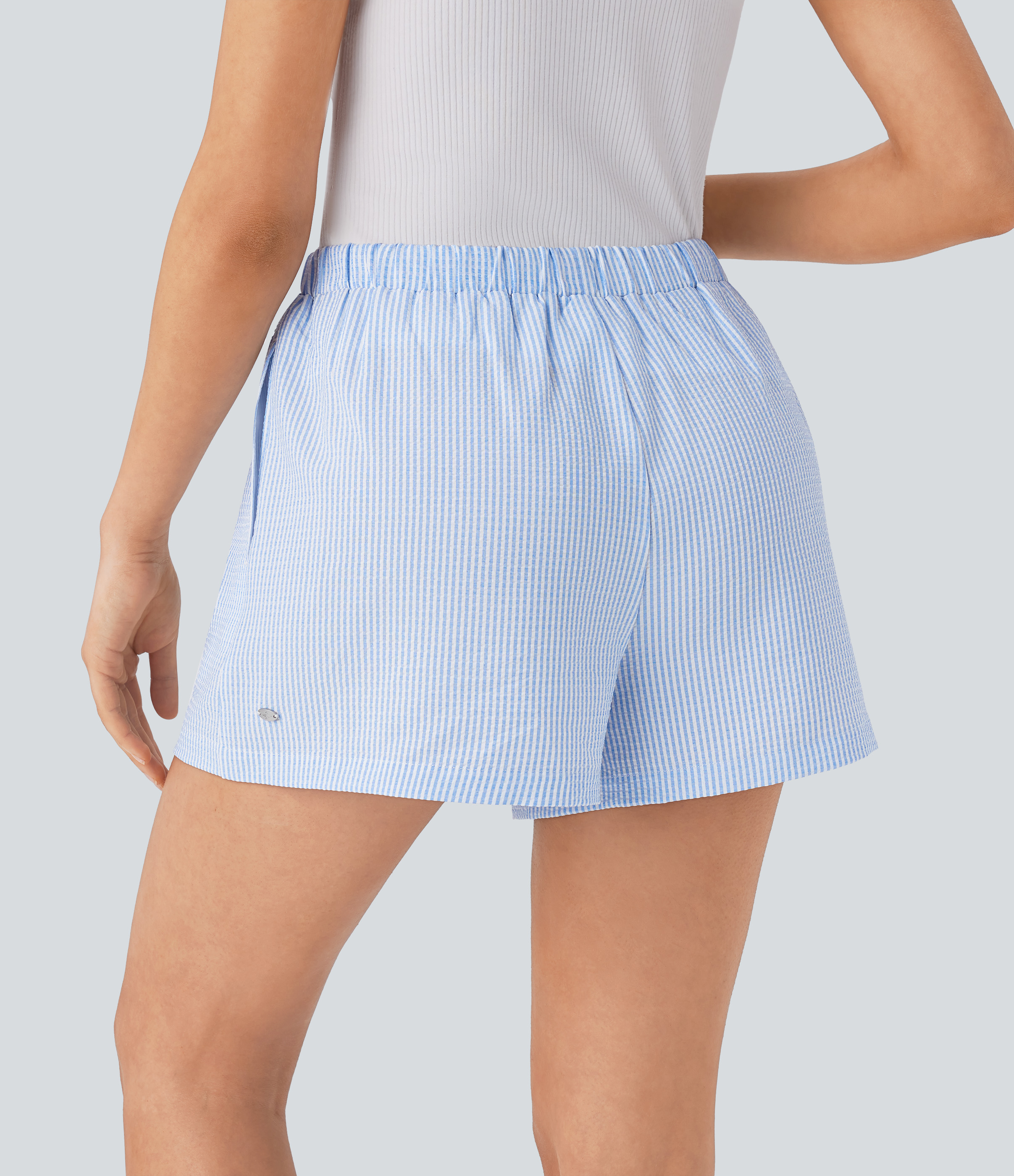 Halara Mid Rise Decorative Button Side Pocket Lounge Shorts  - Azure White Stripe - XL booty shorts compression shorts yoga shorts 