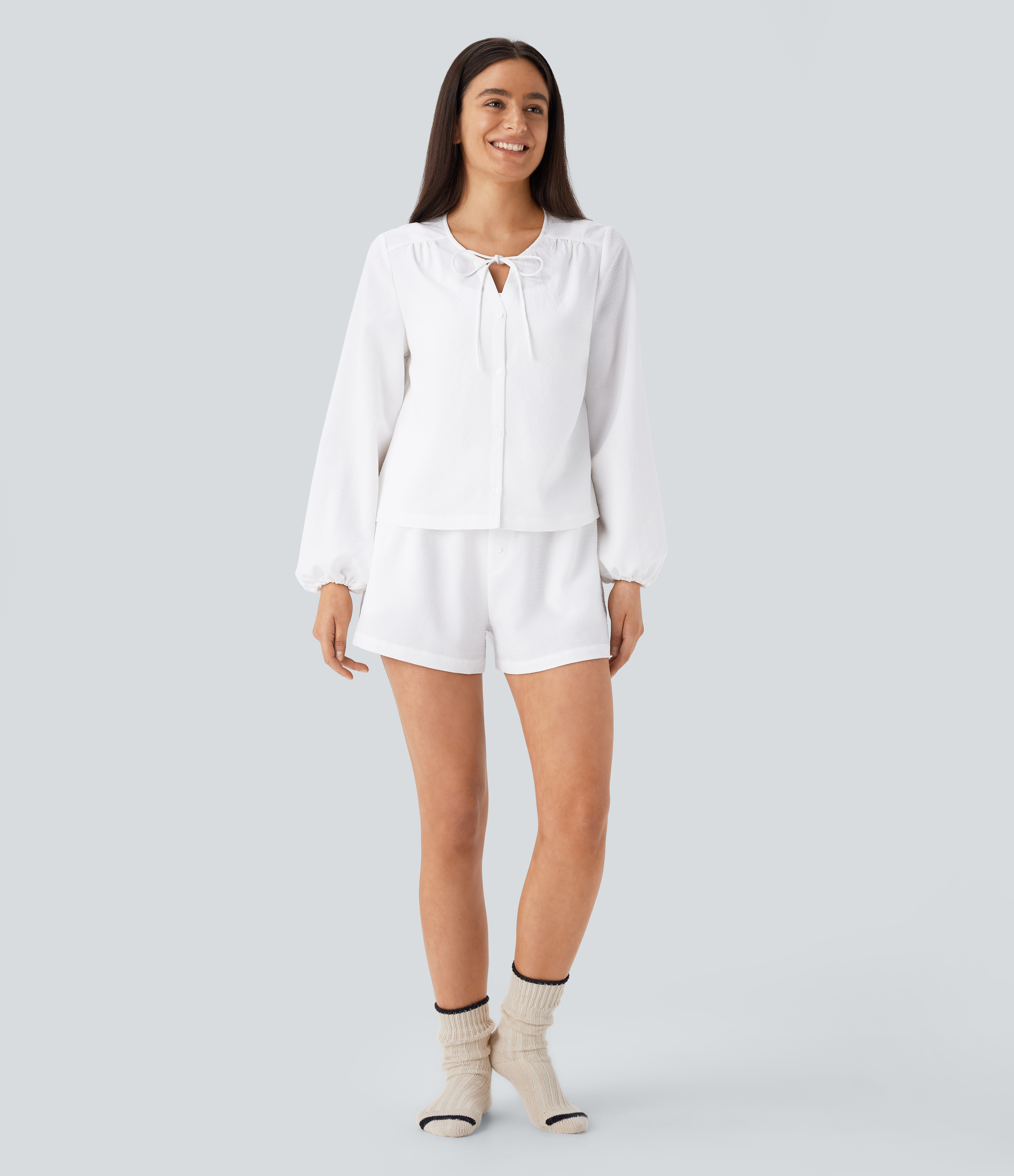 Halara Mid Rise Decorative Button Side Pocket Lounge Shorts  - White - L booty shorts compression shorts yoga shorts 