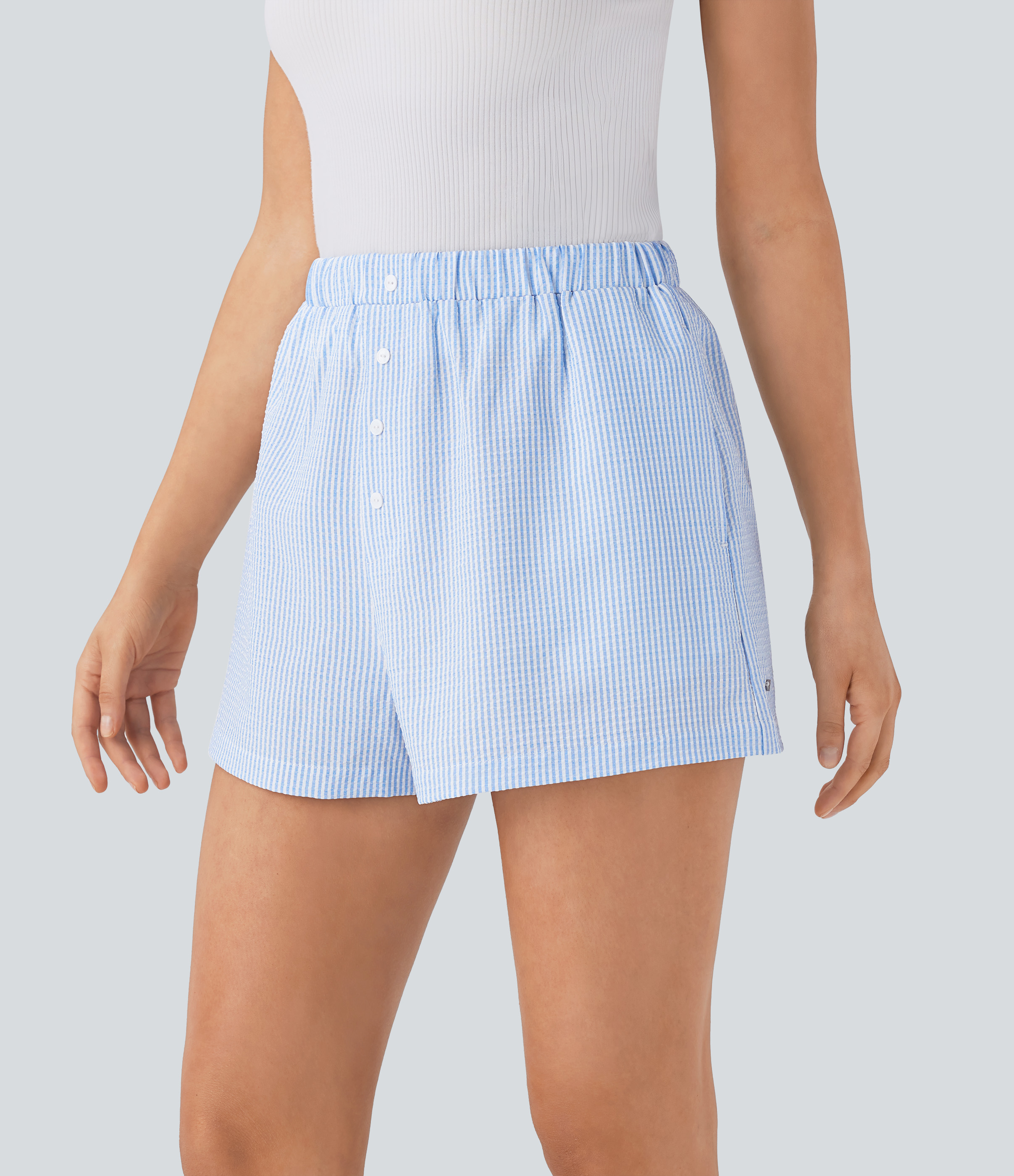 Halara Mid Rise Decorative Button Side Pocket Lounge Shorts  - Azure White Stripe - XL booty shorts compression shorts yoga shorts 
