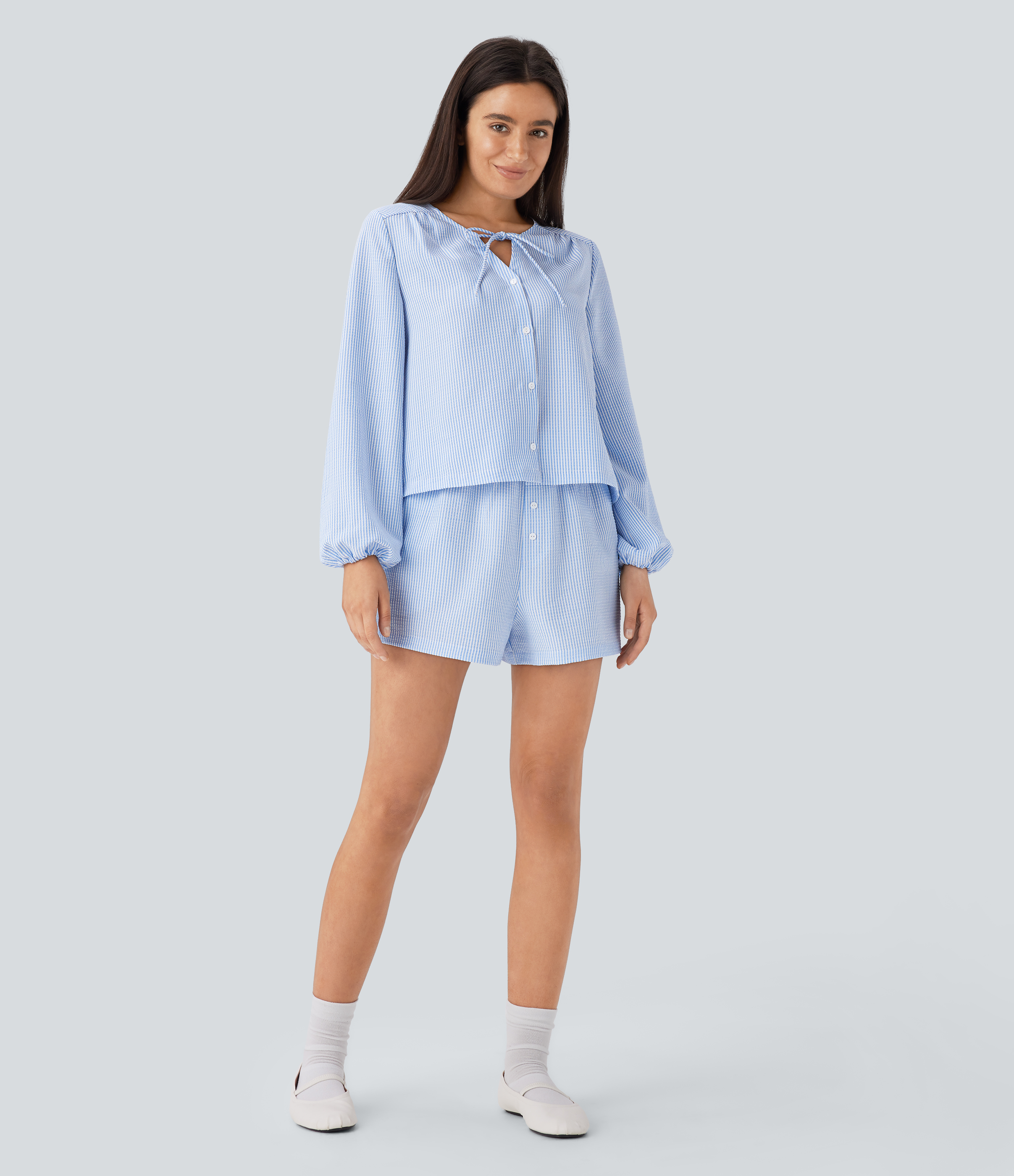Halara Mid Rise Decorative Button Side Pocket Lounge Shorts  - Azure White Stripe - XL booty shorts compression shorts yoga shorts 