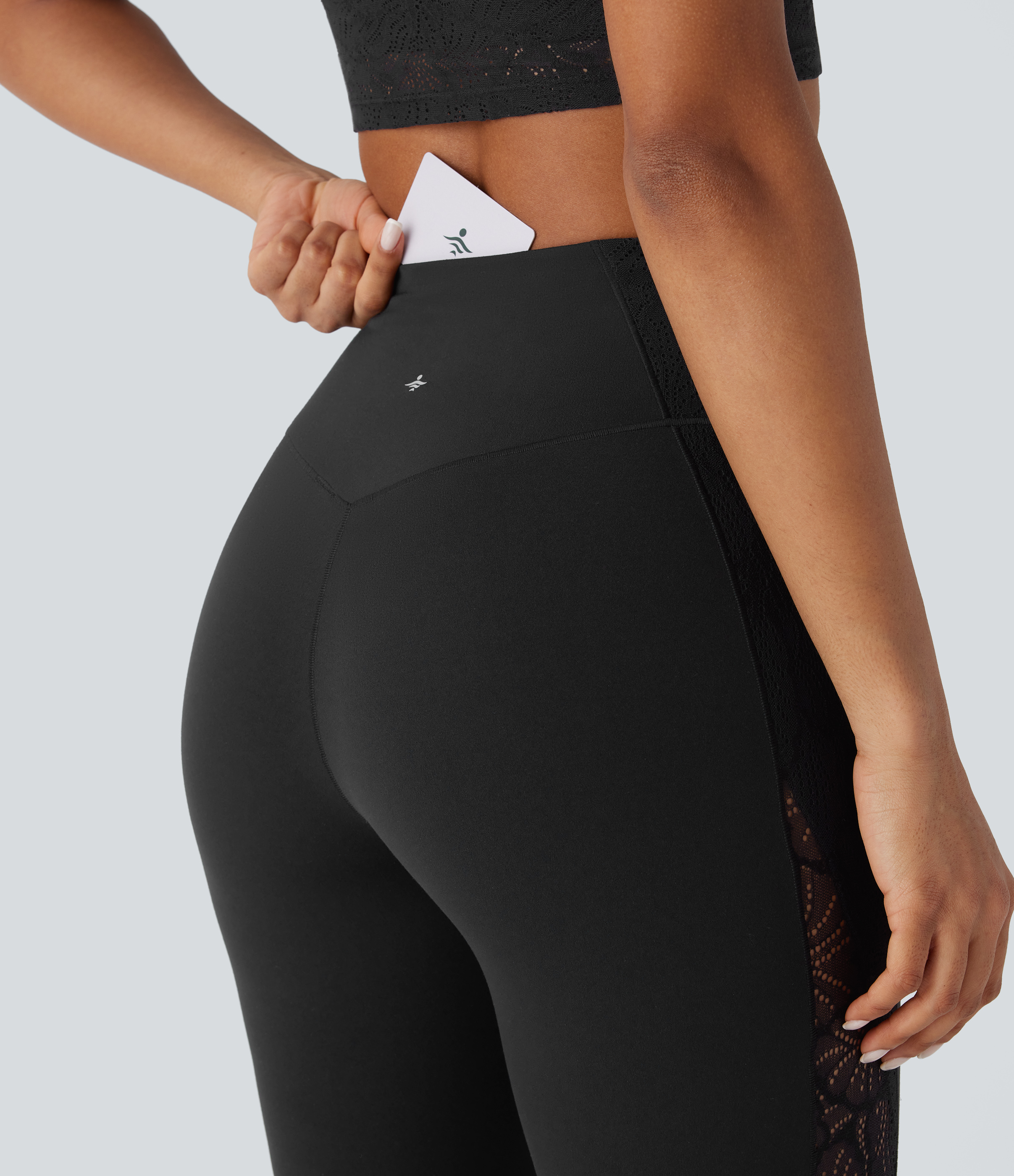 Halara Softlyzeroв„ў High Waisted Back Pocket Contrast Lace 7/8 Yoga Leggings-UPF50+  - Black - M(7/8) gym leggings leggings with pockets 