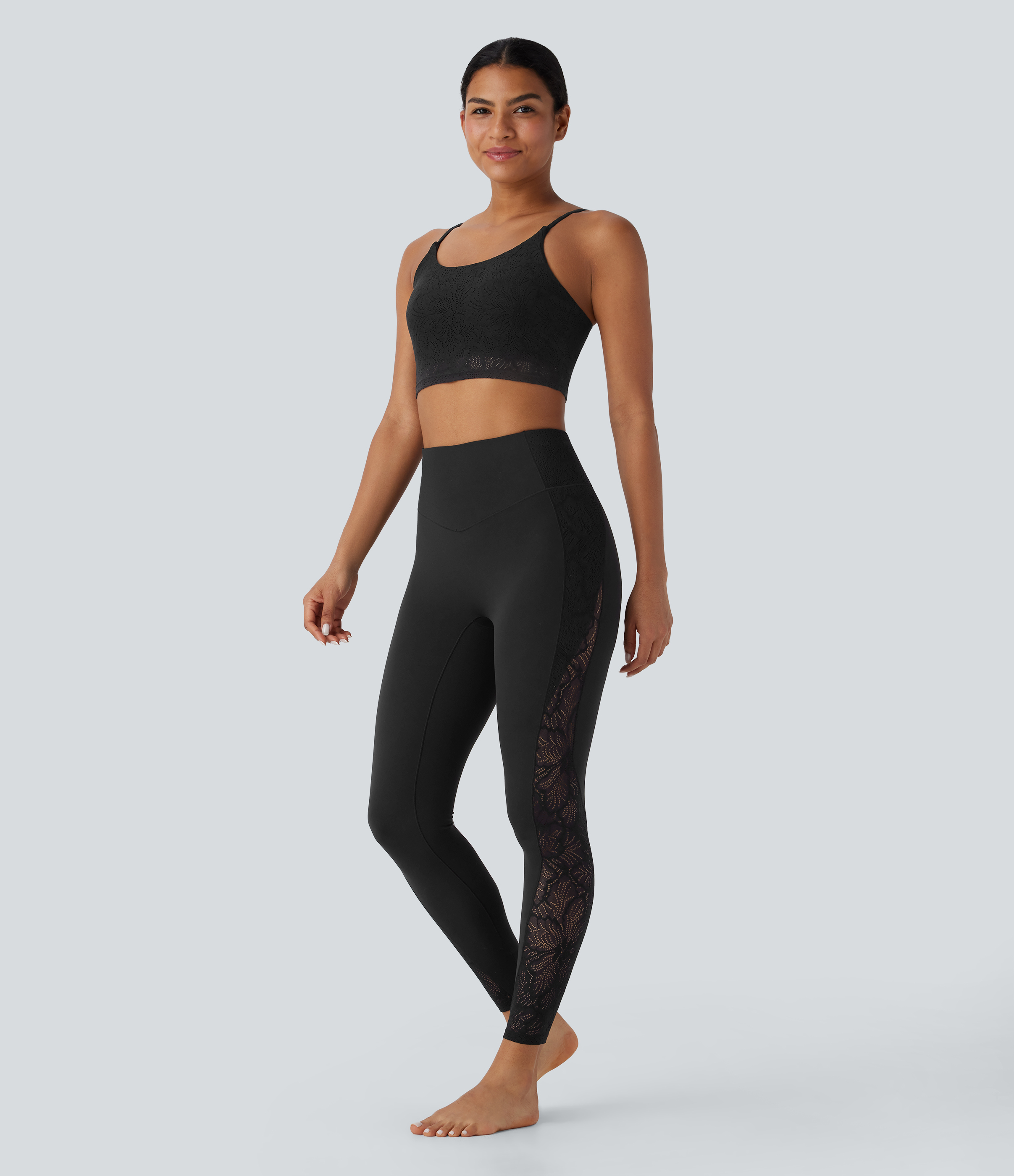 Halara Softlyzeroв„ў High Waisted Back Pocket Contrast Lace 7/8 Yoga Leggings-UPF50+  - Black - M(7/8) gym leggings leggings with pockets 