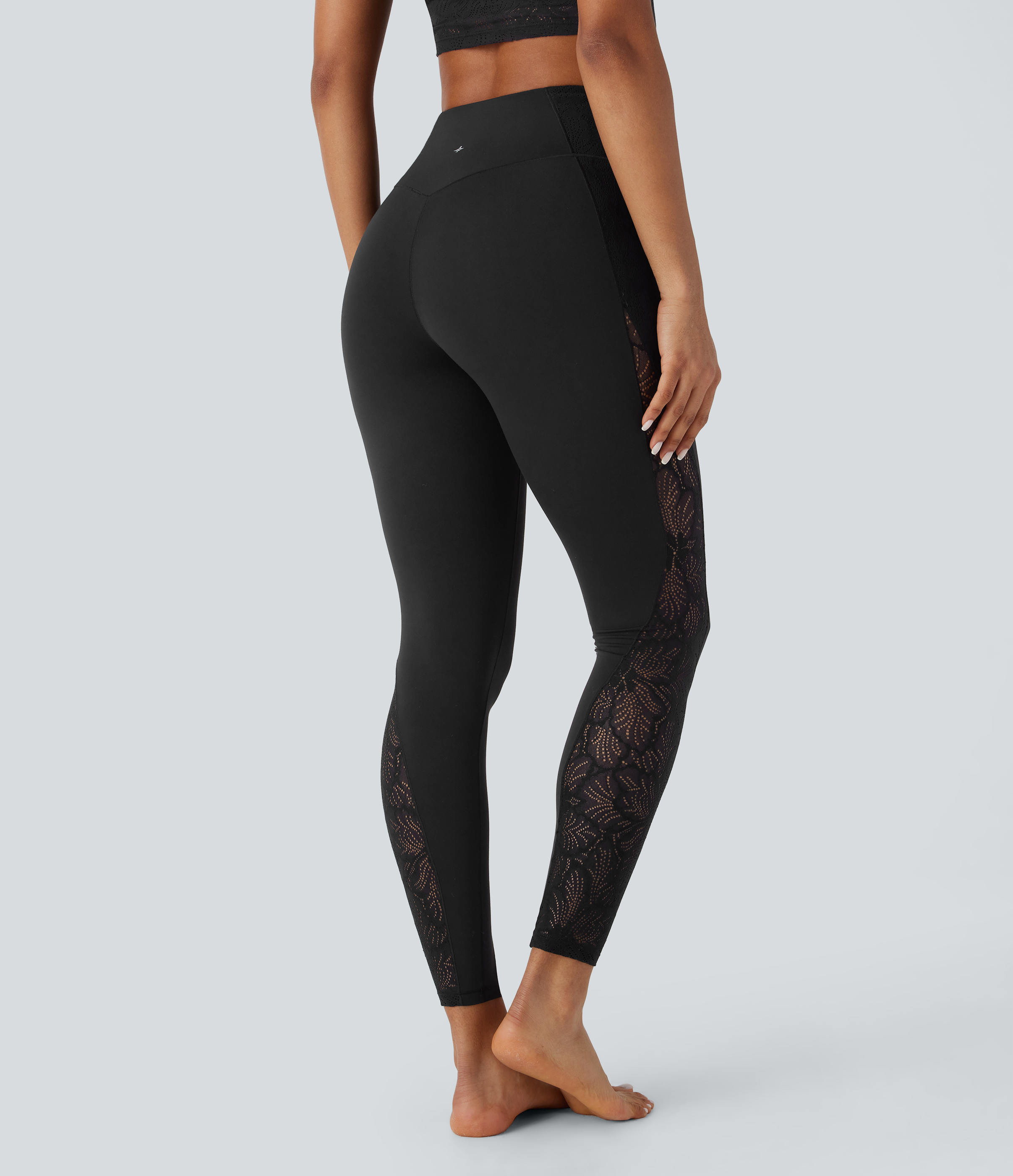 Halara Softlyzeroв„ў High Waisted Back Pocket Contrast Lace 7/8 Yoga Leggings-UPF50+  - Black - M(7/8) gym leggings leggings with pockets 