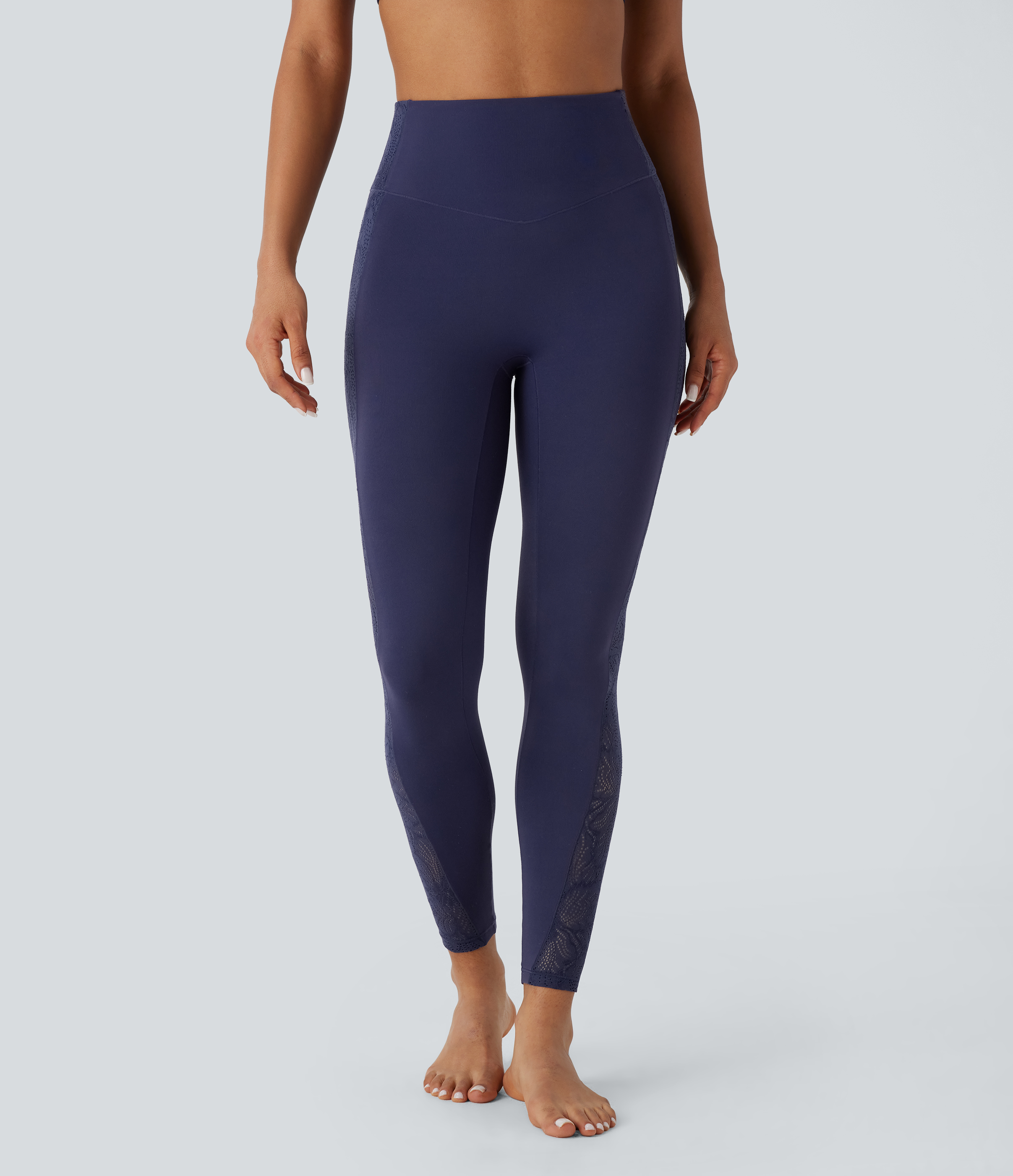 Halara Softlyzeroв„ў High Waisted Back Pocket Contrast Lace 7/8 Yoga Leggings-UPF50+  - Peacoat - L(7/8) gym leggings leggings with pockets 
