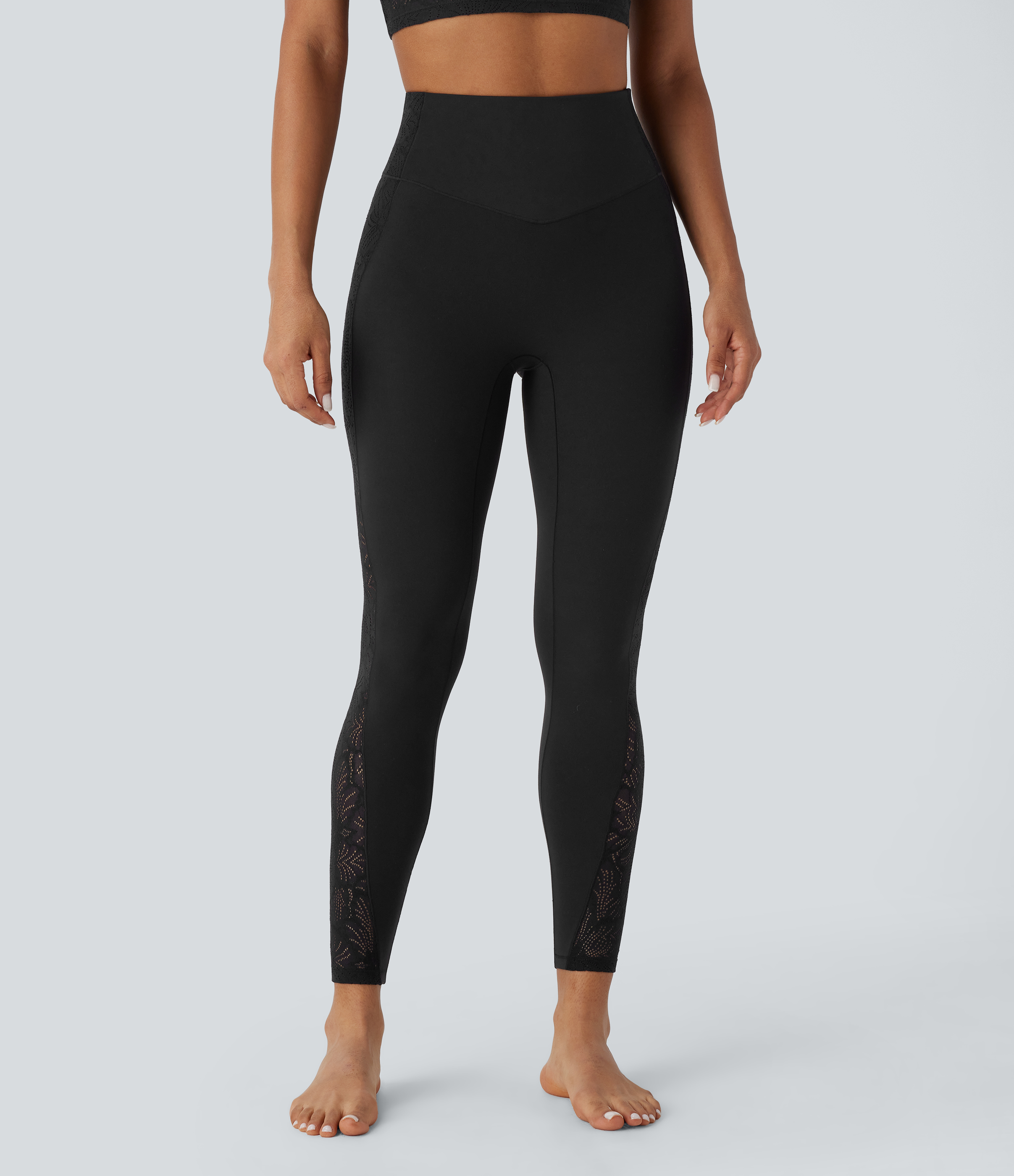 Halara Softlyzeroв„ў High Waisted Back Pocket Contrast Lace 7/8 Yoga Leggings-UPF50+  - Black - M(7/8) gym leggings leggings with pockets 