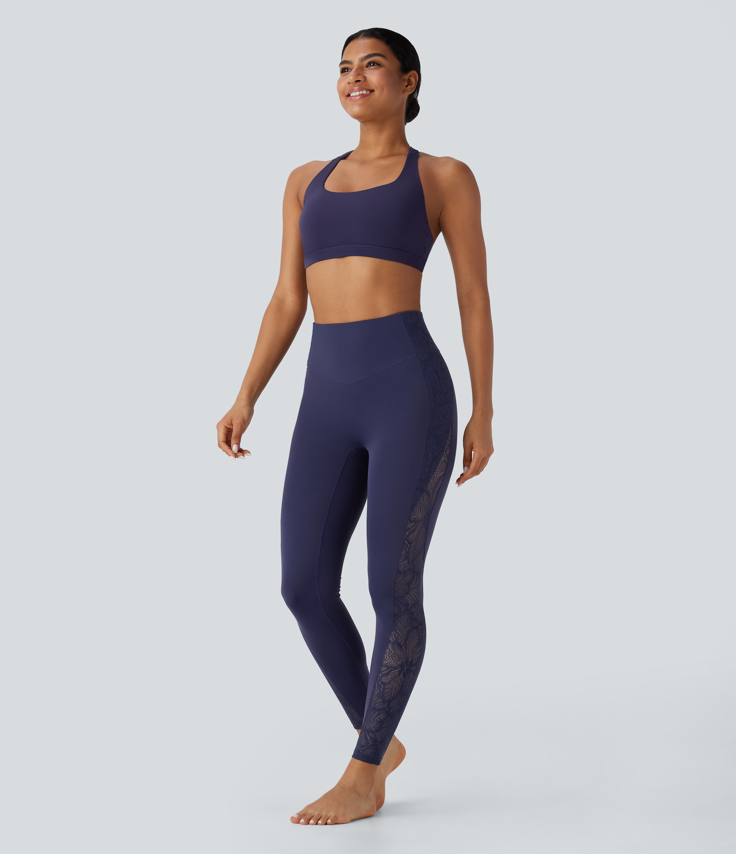 Halara Softlyzeroв„ў High Waisted Back Pocket Contrast Lace 7/8 Yoga Leggings-UPF50+  - Peacoat - L(7/8) gym leggings leggings with pockets 
