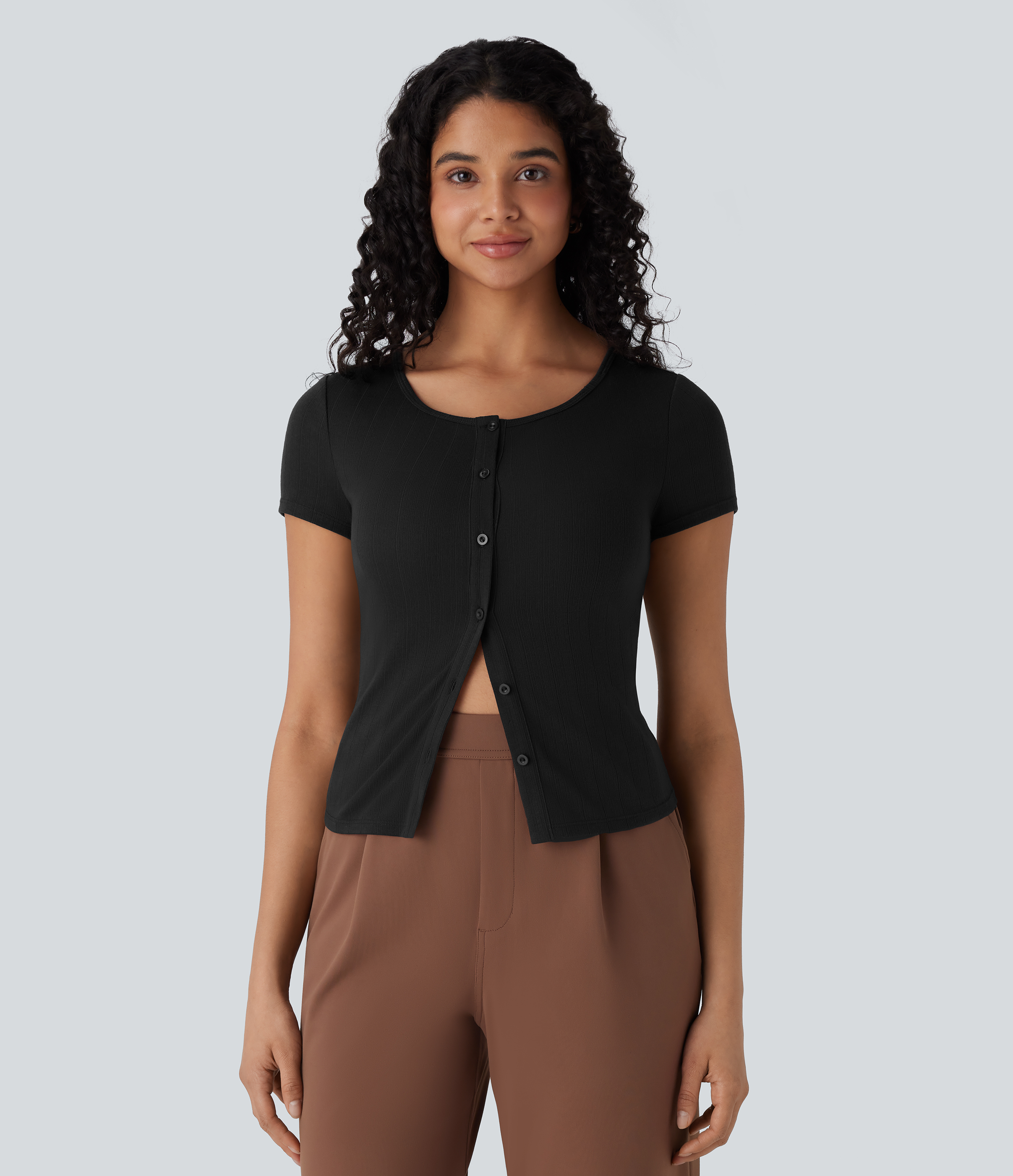 Halara Ribbed Knit Square Neck Button Slim Work Top Tank Top - Black - M golf tops halter top tunic tops sleeveless tops backless top 