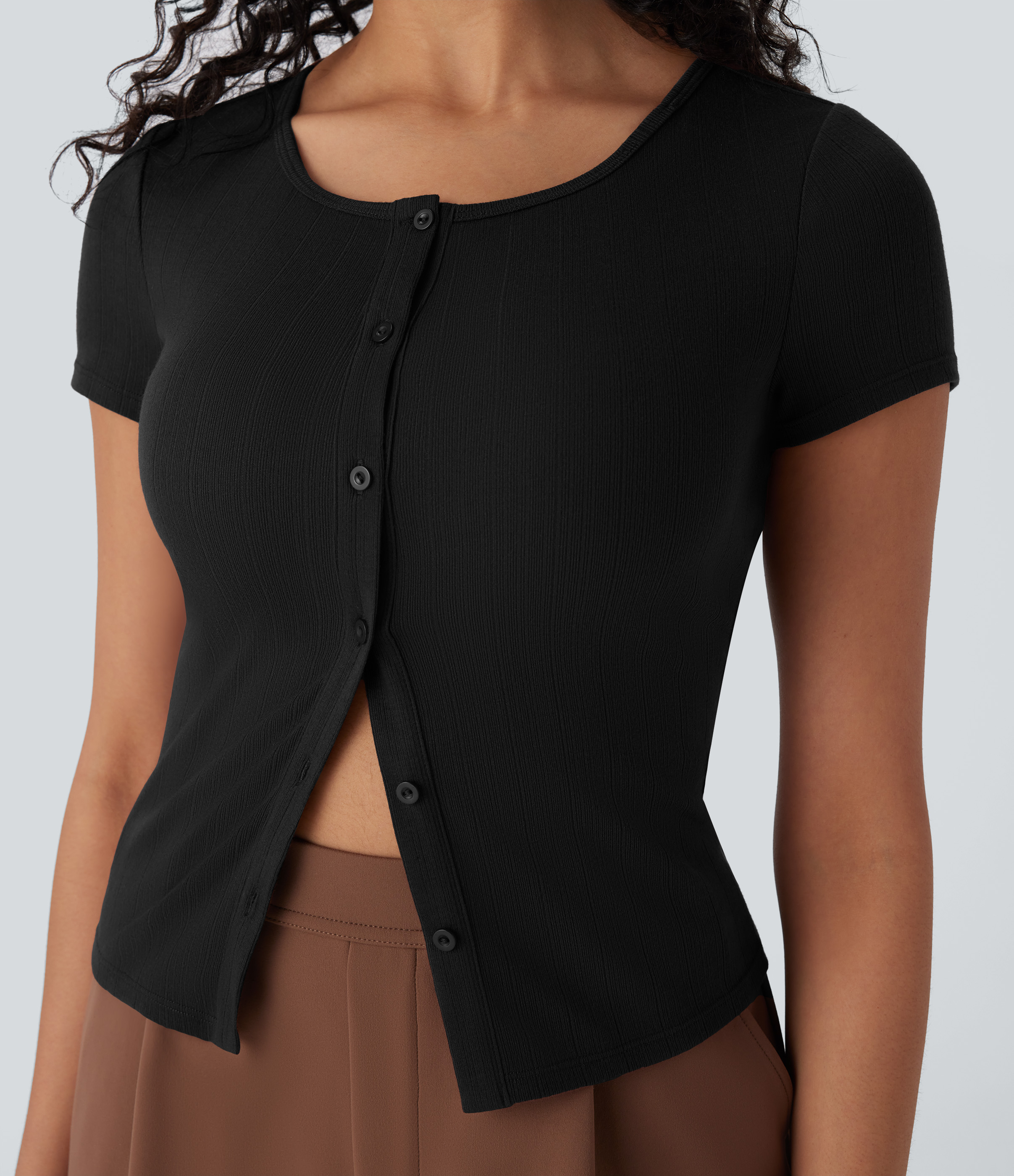 Halara Ribbed Knit Square Neck Button Slim Work Top Tank Top - Black - M golf tops halter top tunic tops sleeveless tops backless top 