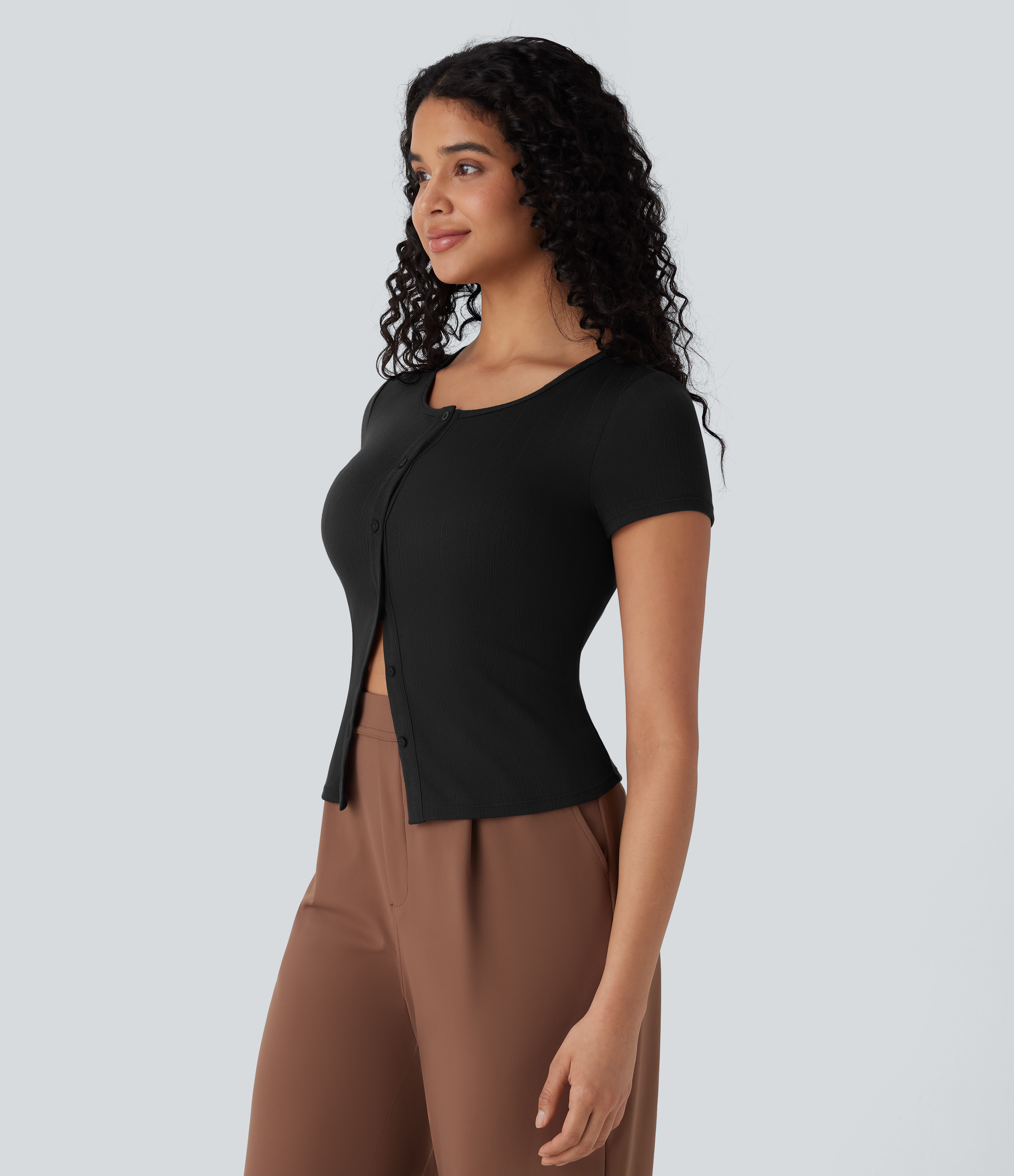 Halara Ribbed Knit Square Neck Button Slim Work Top Tank Top - Black - M golf tops halter top tunic tops sleeveless tops backless top 