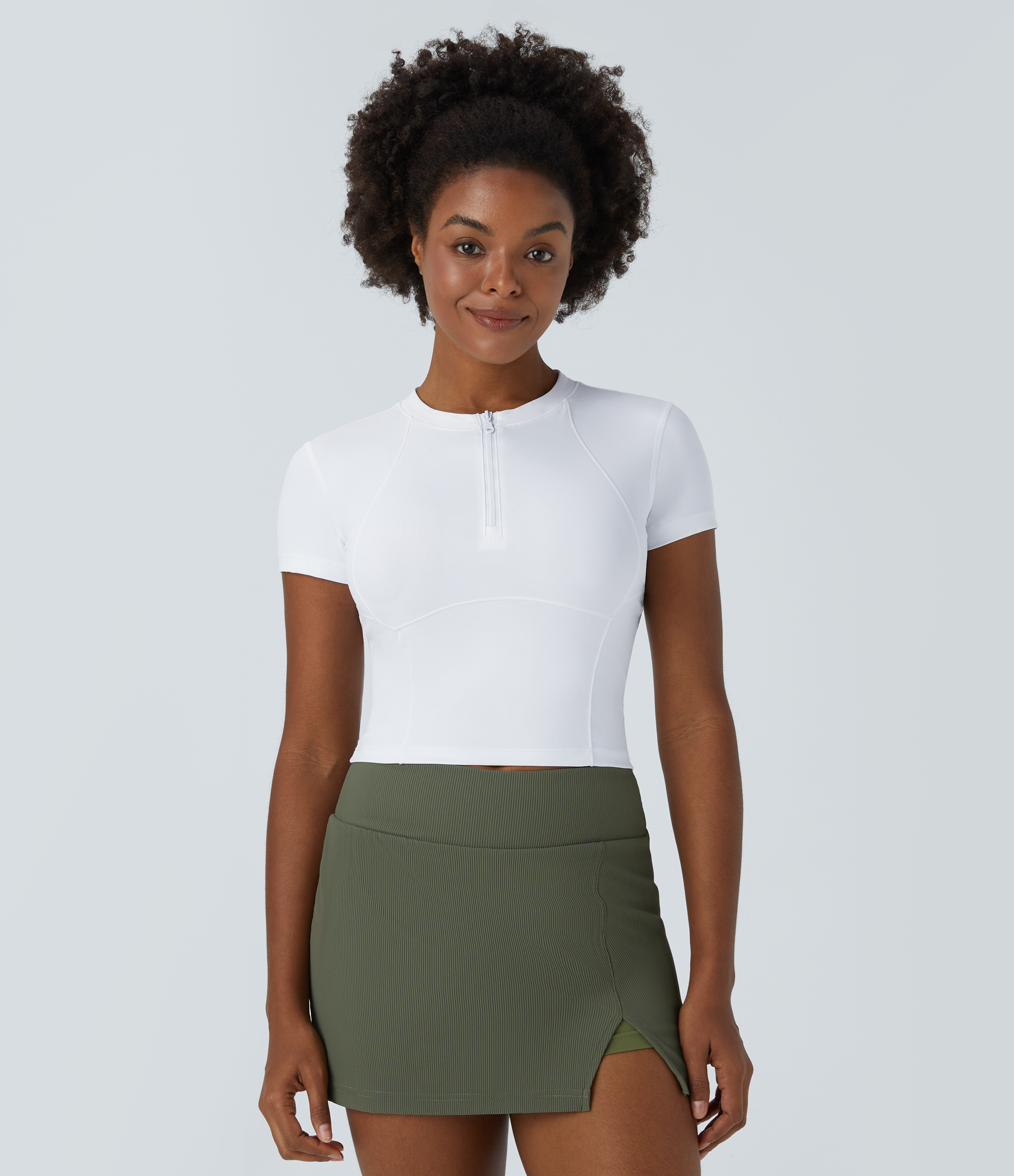 COLLARED HALF ZIP SHORT SLEEVE KNIT CROP TOP