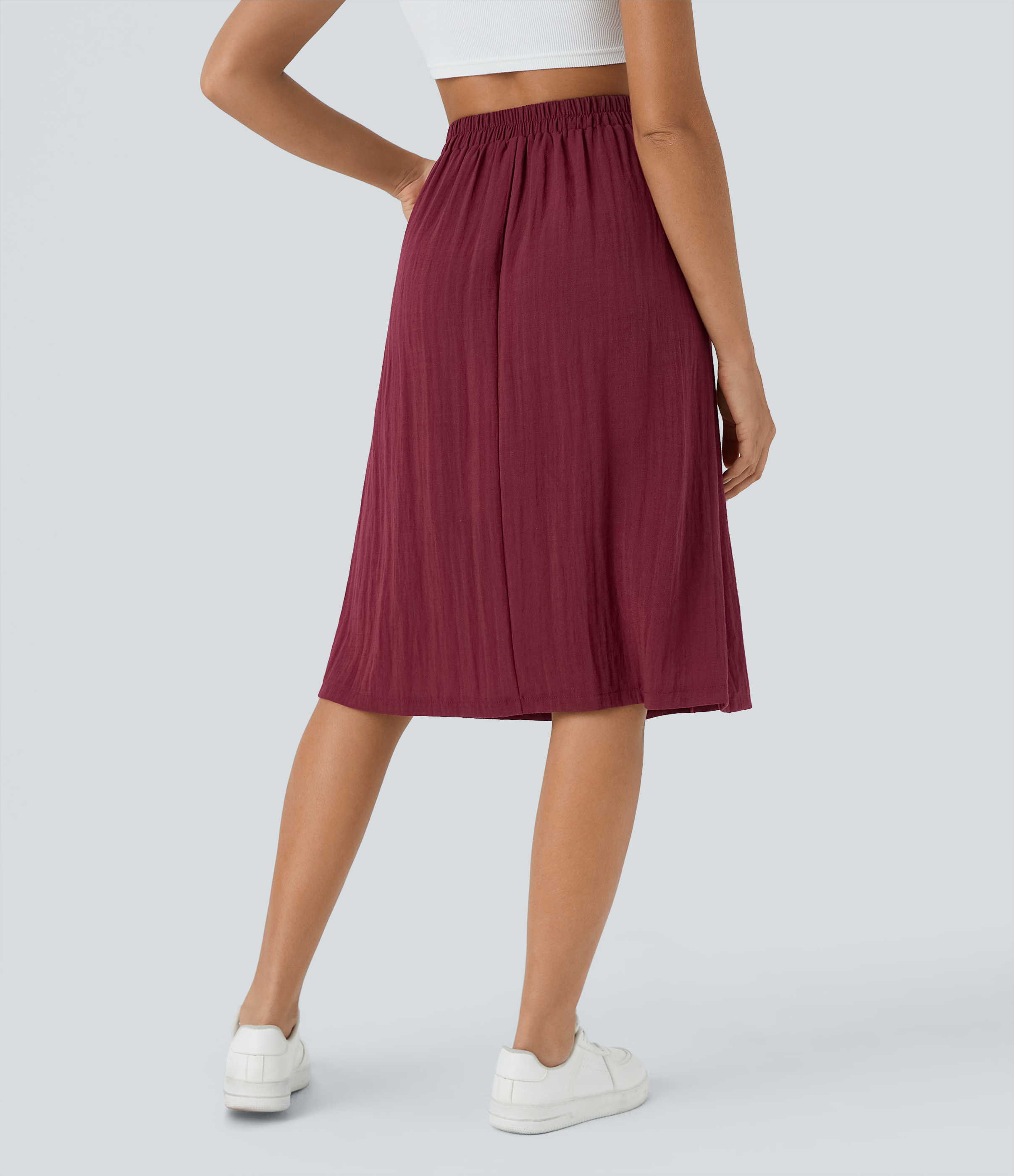 Pomegranate Jupe midi taille haute, coupe évasée (A-line) avec poches, style décontracté, en tissu aspect lin. / 2