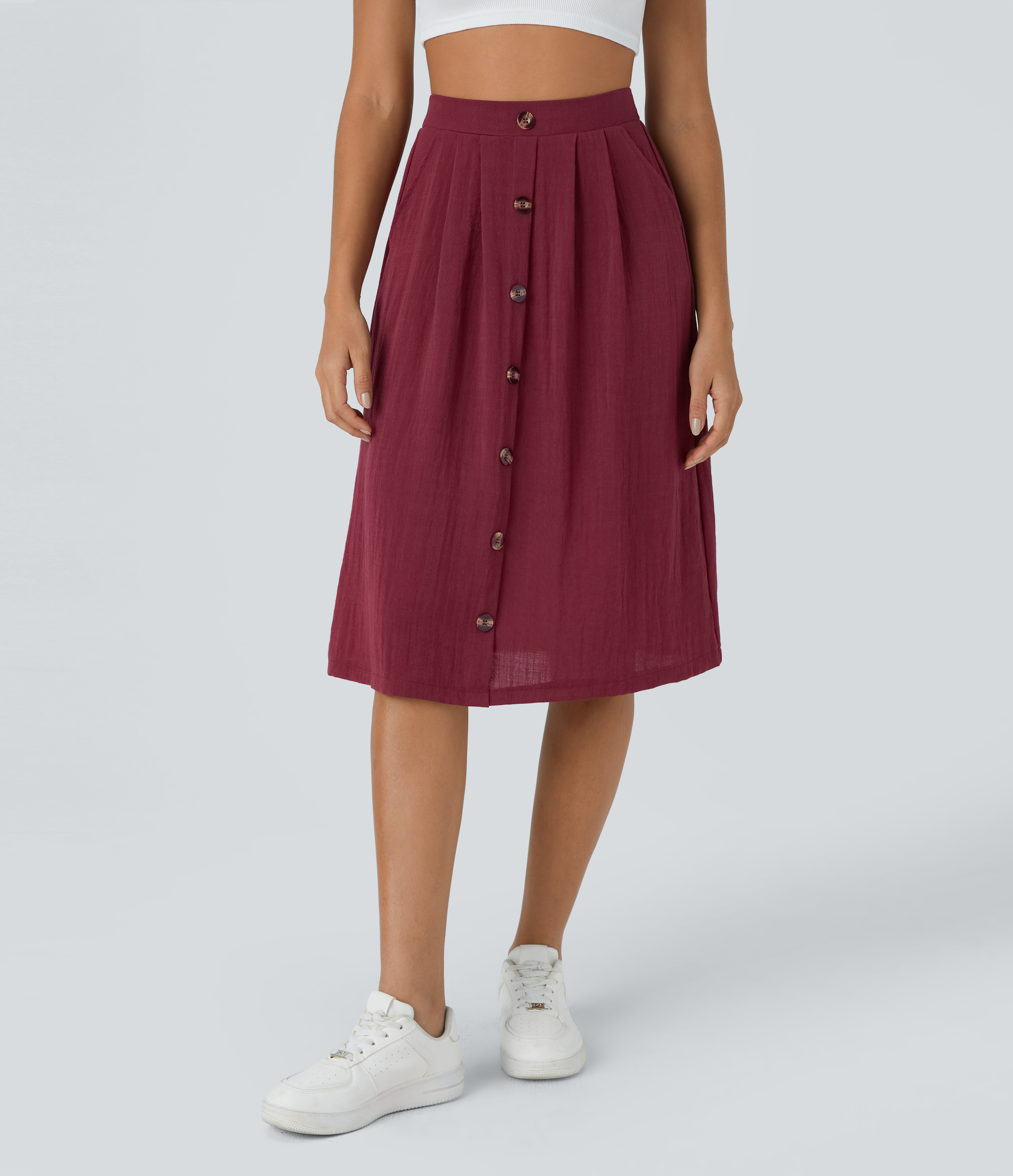 High-waisted, side pocket, button-down, A-line, midi, casual, linen-like skirt