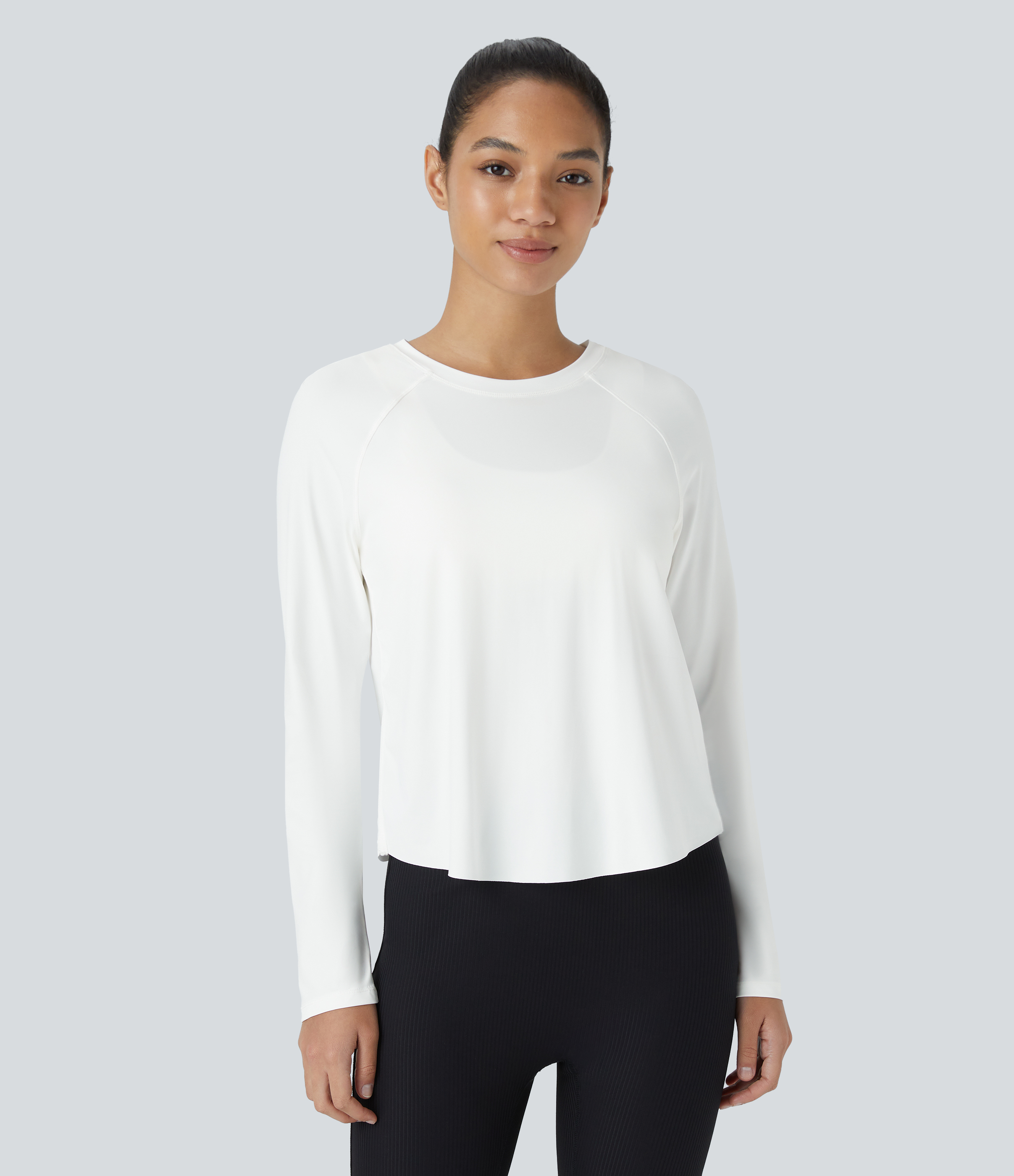 White Top deportivo yoga tacto fresco manga larga abertura dobladillo malla contrastante / 2