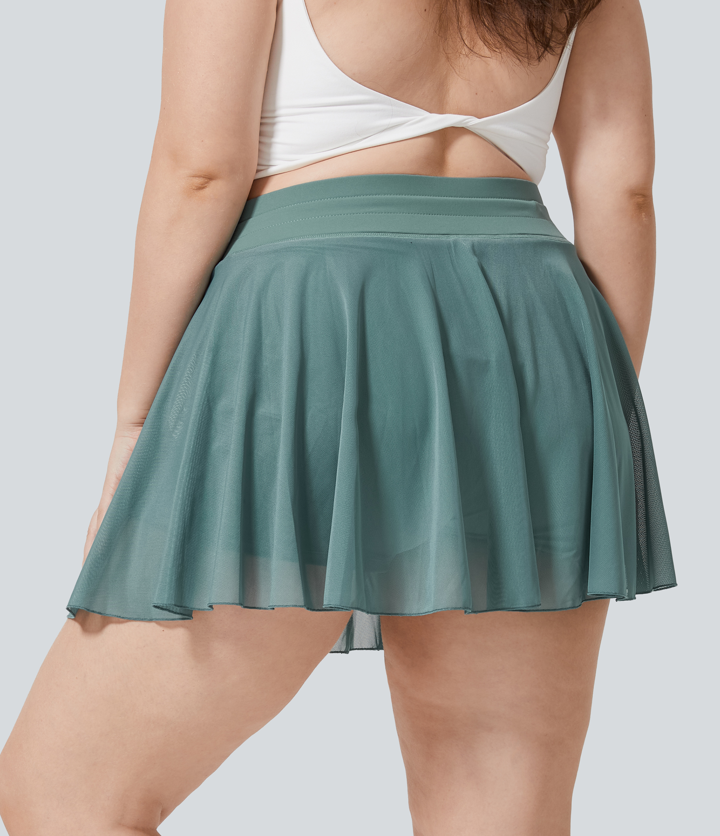 Dusty Turquoise Falda informal de talle alto con cordón en contraste de malla 2 en 1 con bolsillo lateral fluido mini acampanado de talla grande / 2