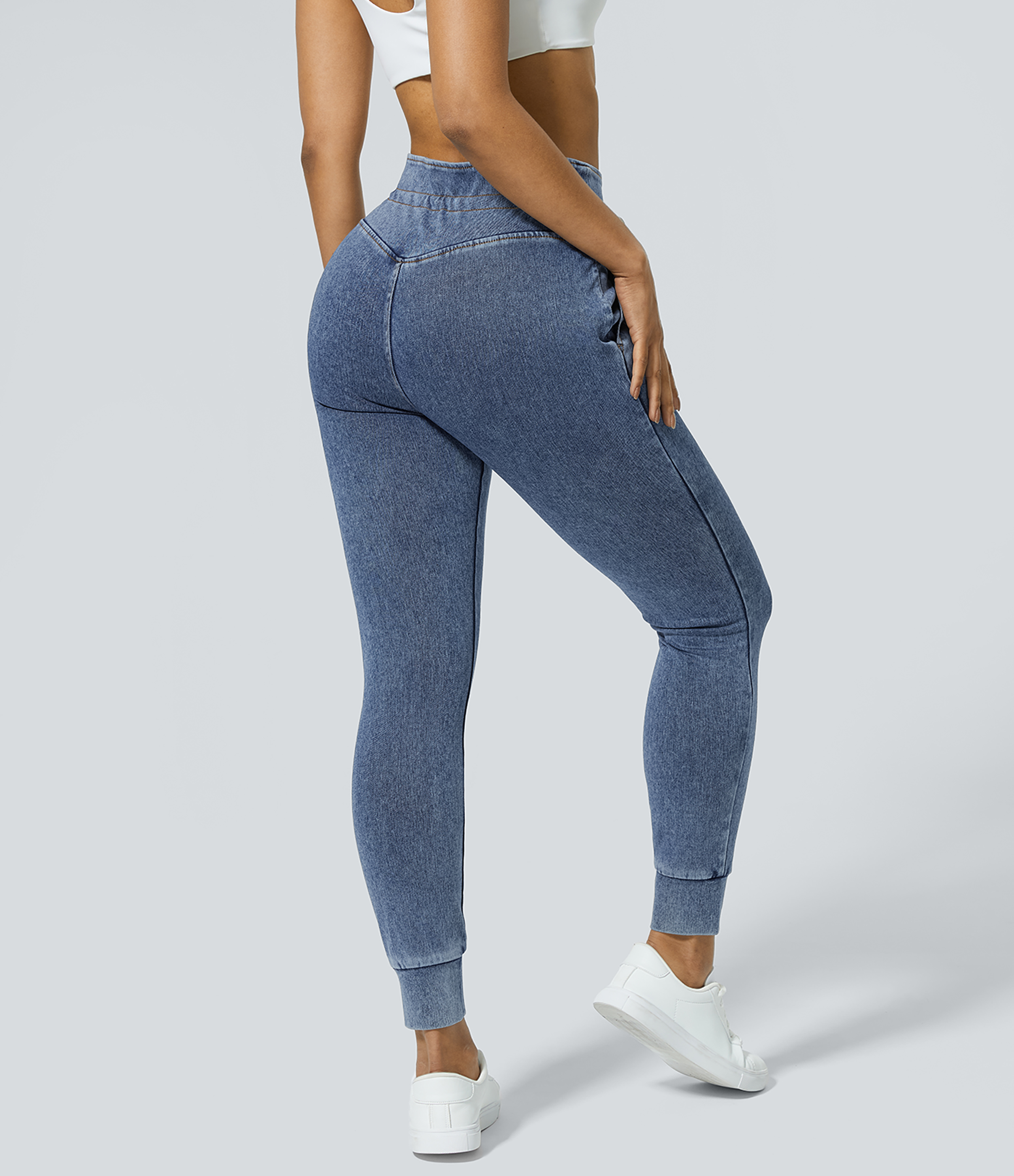 Washed Denim Navy Blue Halara Flex™ jean taille haute avec cordon et poche, délavé, coupe décontractée / 2