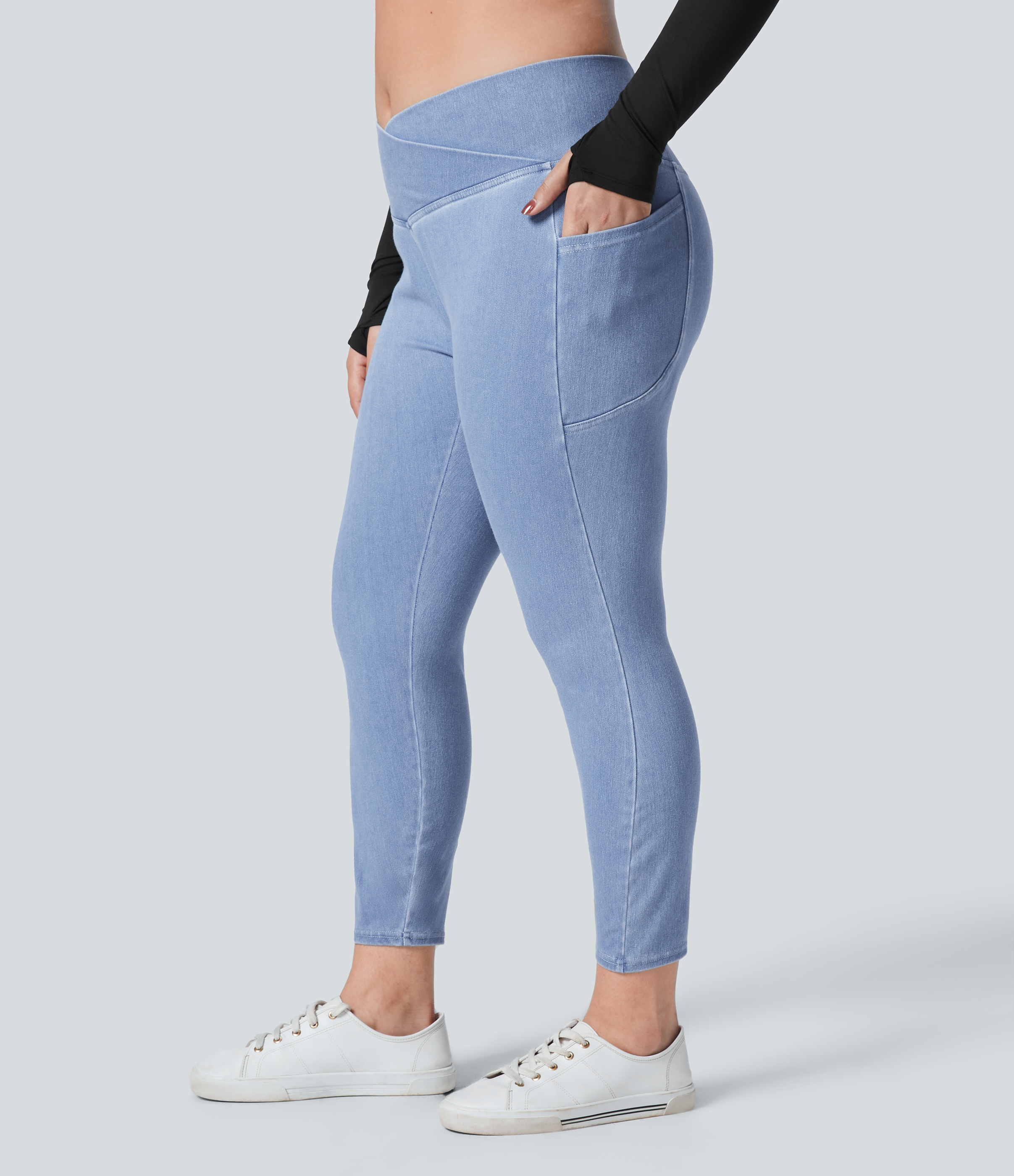 Denim Cyan Blue Halara Flex™ Leggings grande taille de travail en denim délavé à poche croisée / 2