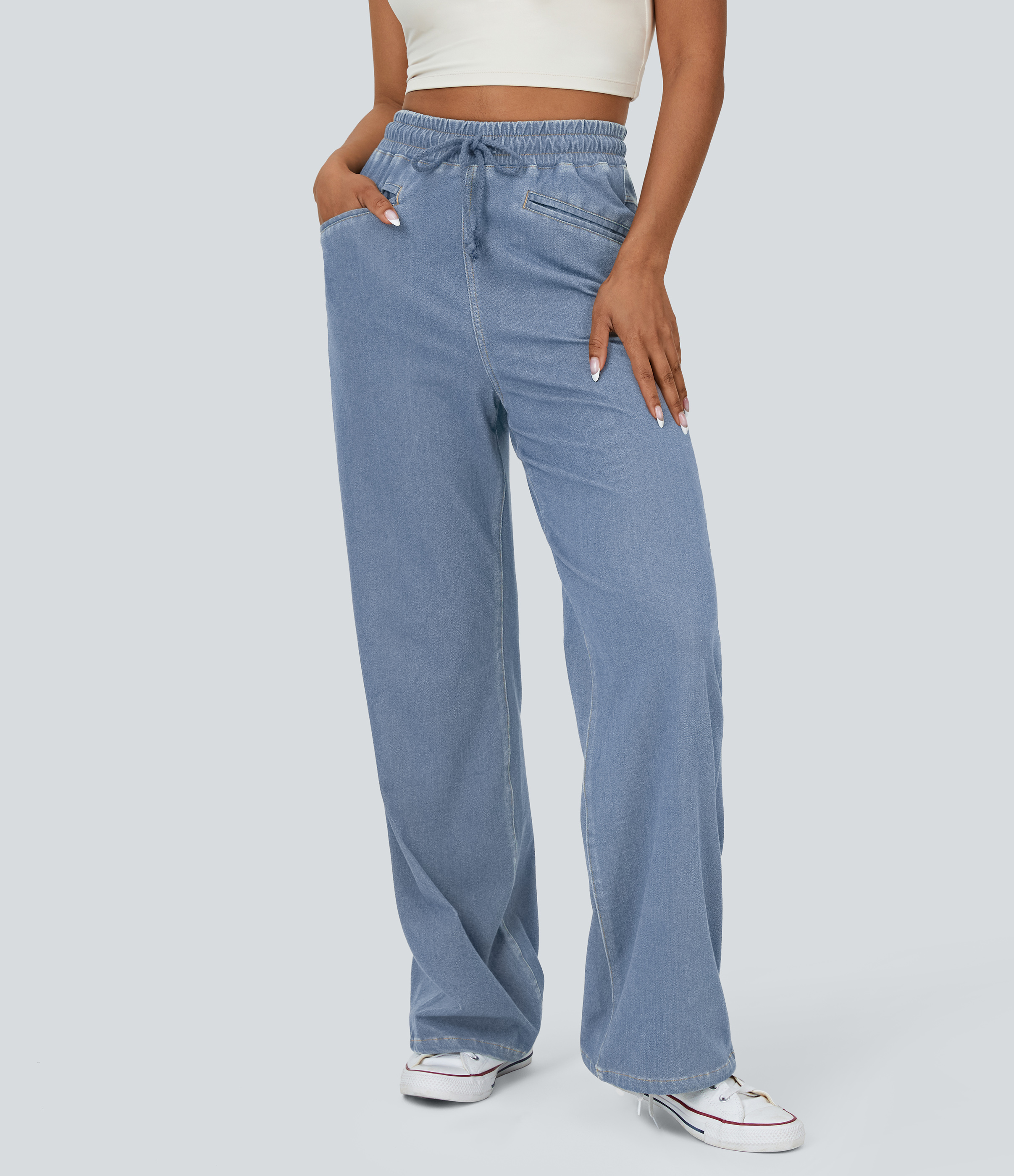 Halara Flex™ High Waisted Drawstring Pocket Cool Touch Breathable Washed Stretchy Knit Wide Leg Casual Jogger Jeans