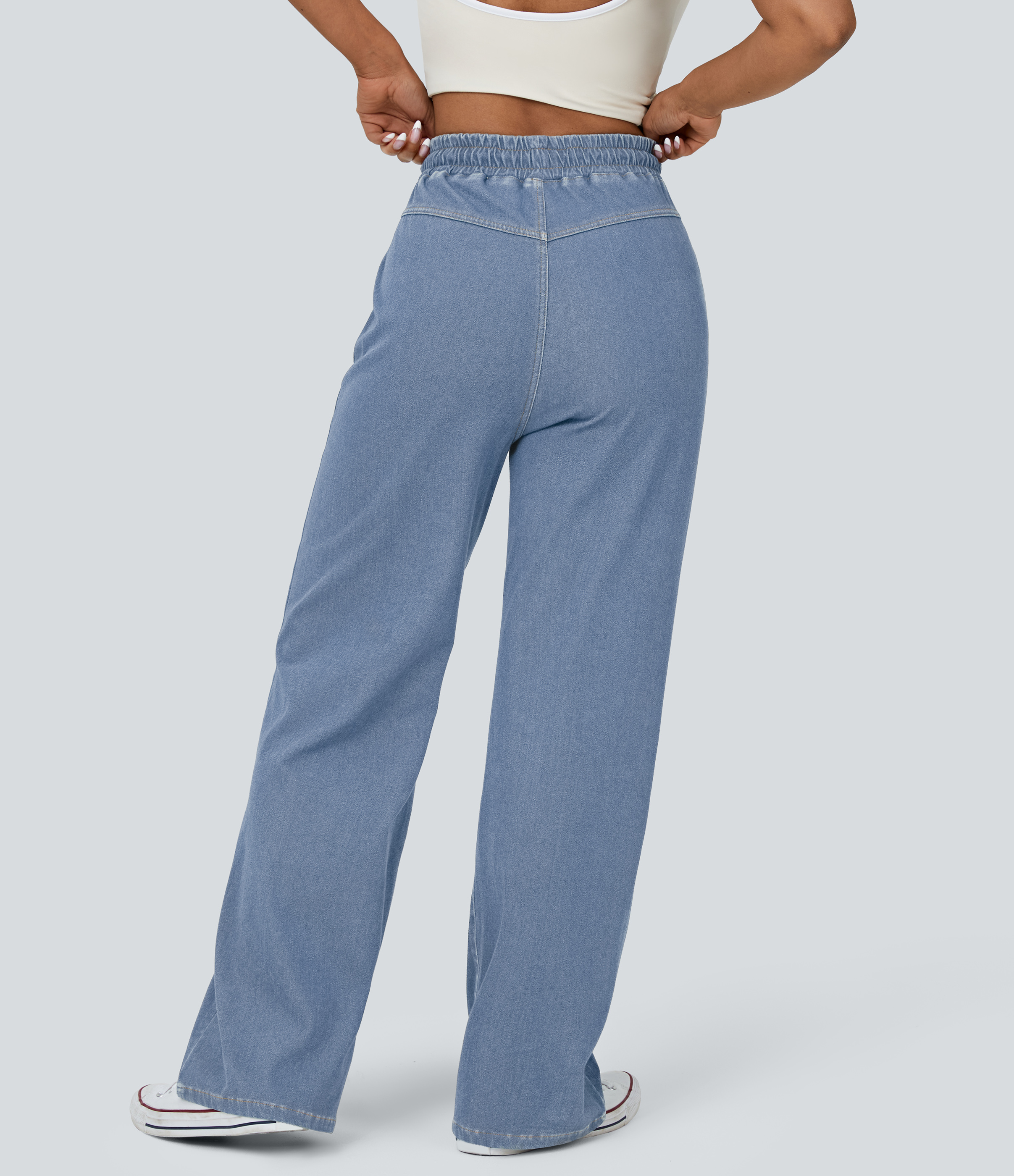 Washed Denim Light Blue Jeans Halara Flex™ Denim mezclilla elástica lavada transpirable tiro alto cordón ajustable bolsillo tacto fresco pierna ancha / 2