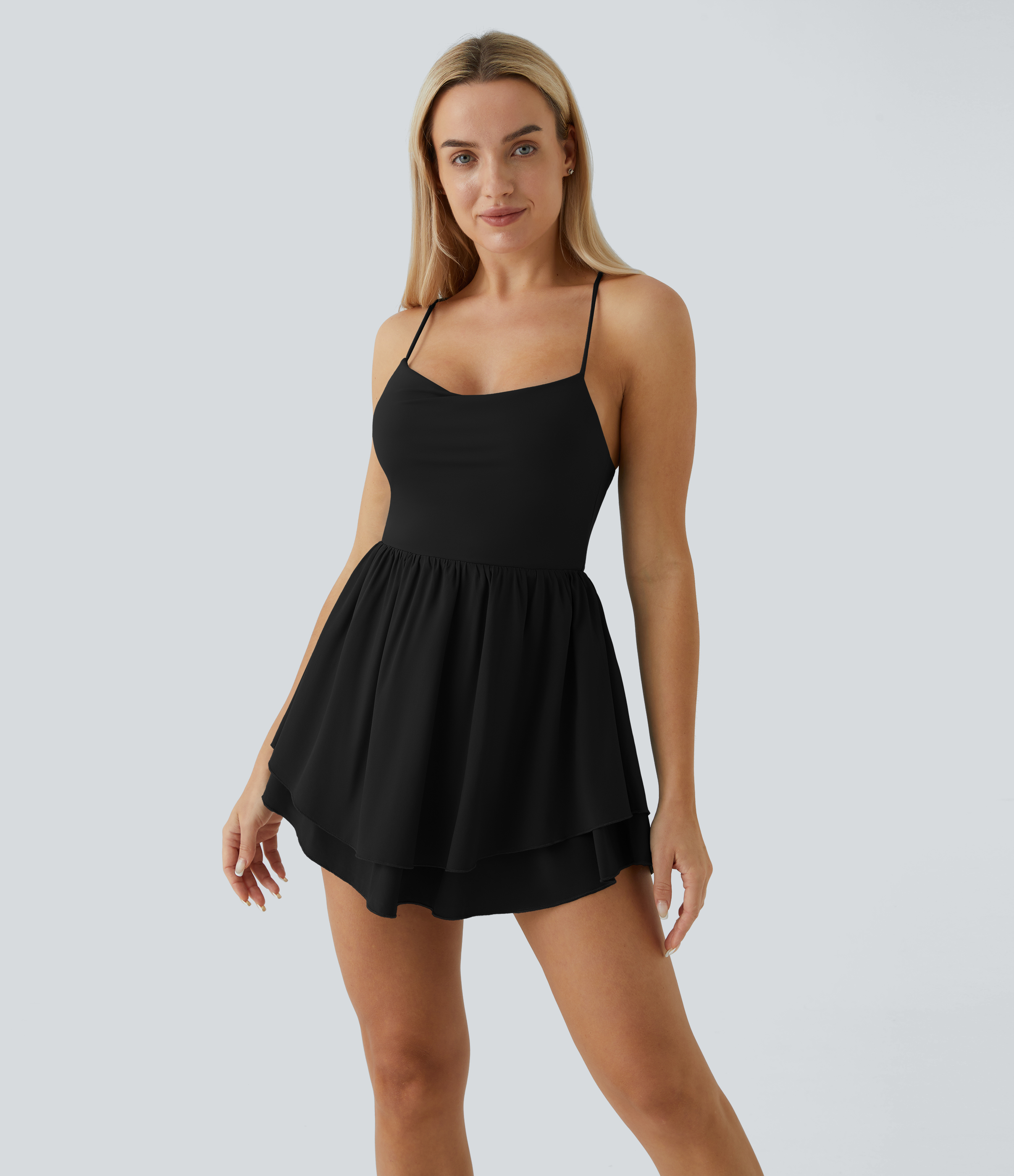 Negro Breezeful™ vestido mini slip de tirantes, con capas y volantes, de secado rápido, ligero y casual / 2
