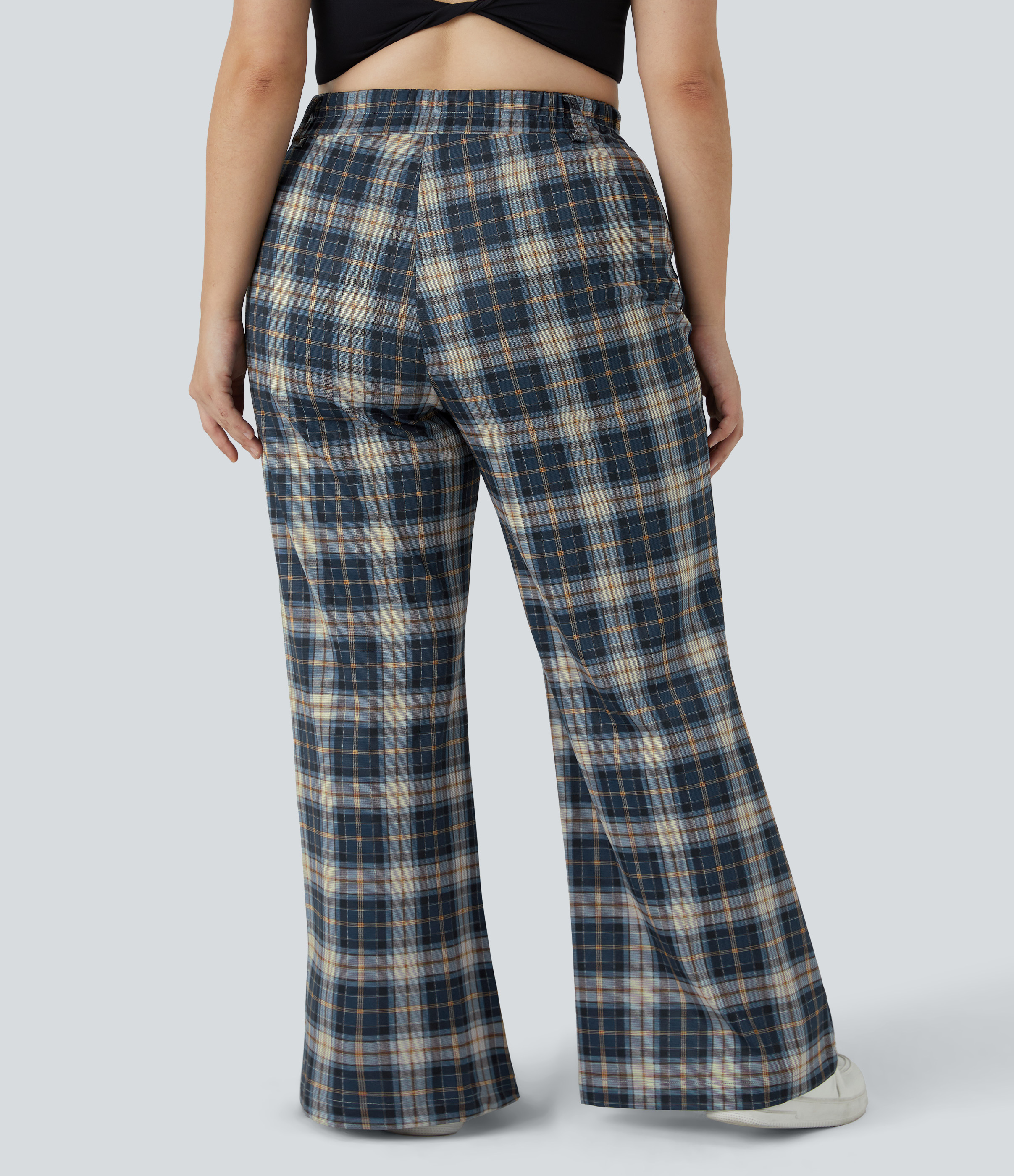 Navy Blue Plaid Pantalon décontracté à taille haute et à carreaux, grande taille, coupe large / 2