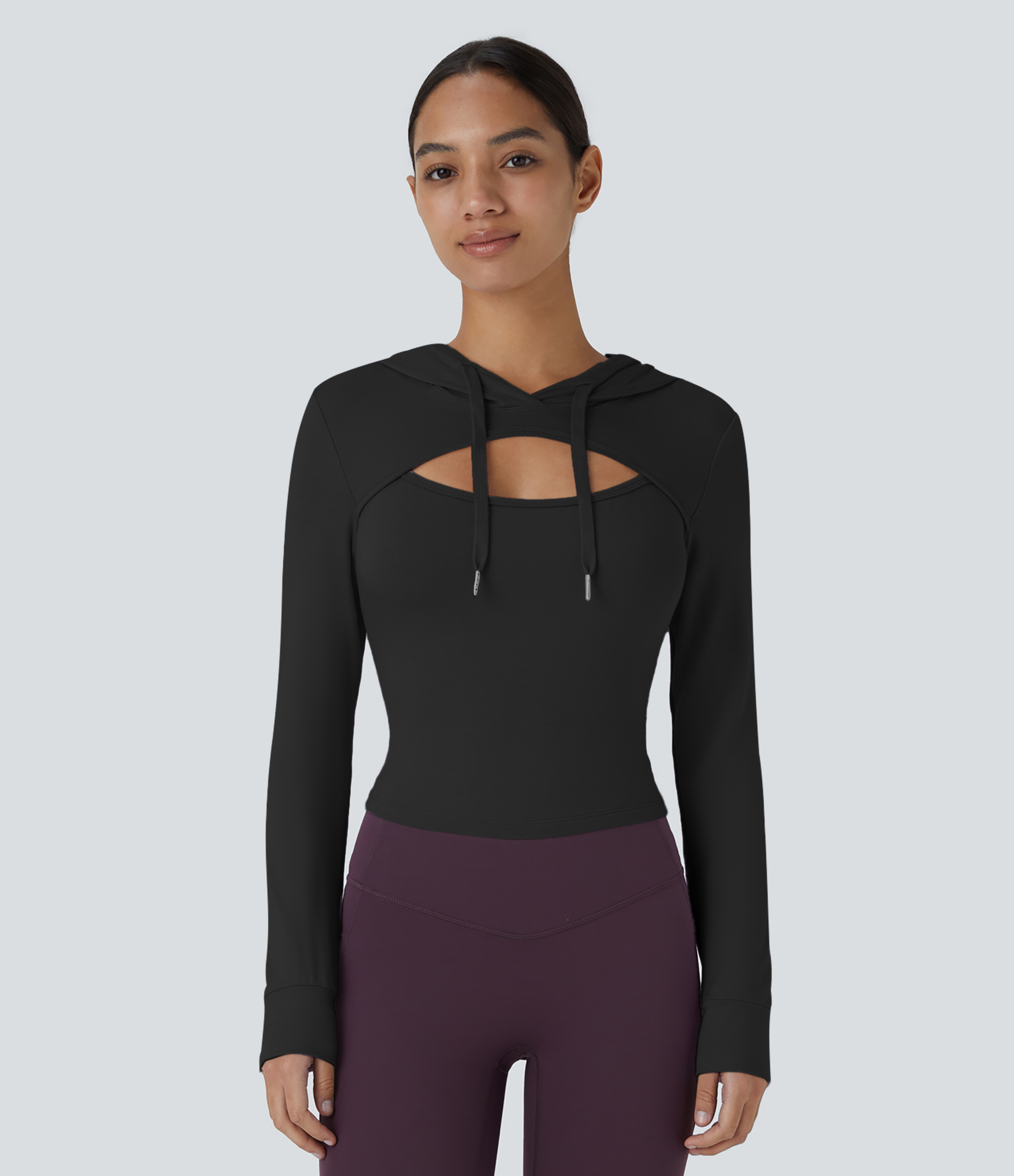 Hooded Drawstring Cut Out Casual Hoodie Sweatshirt