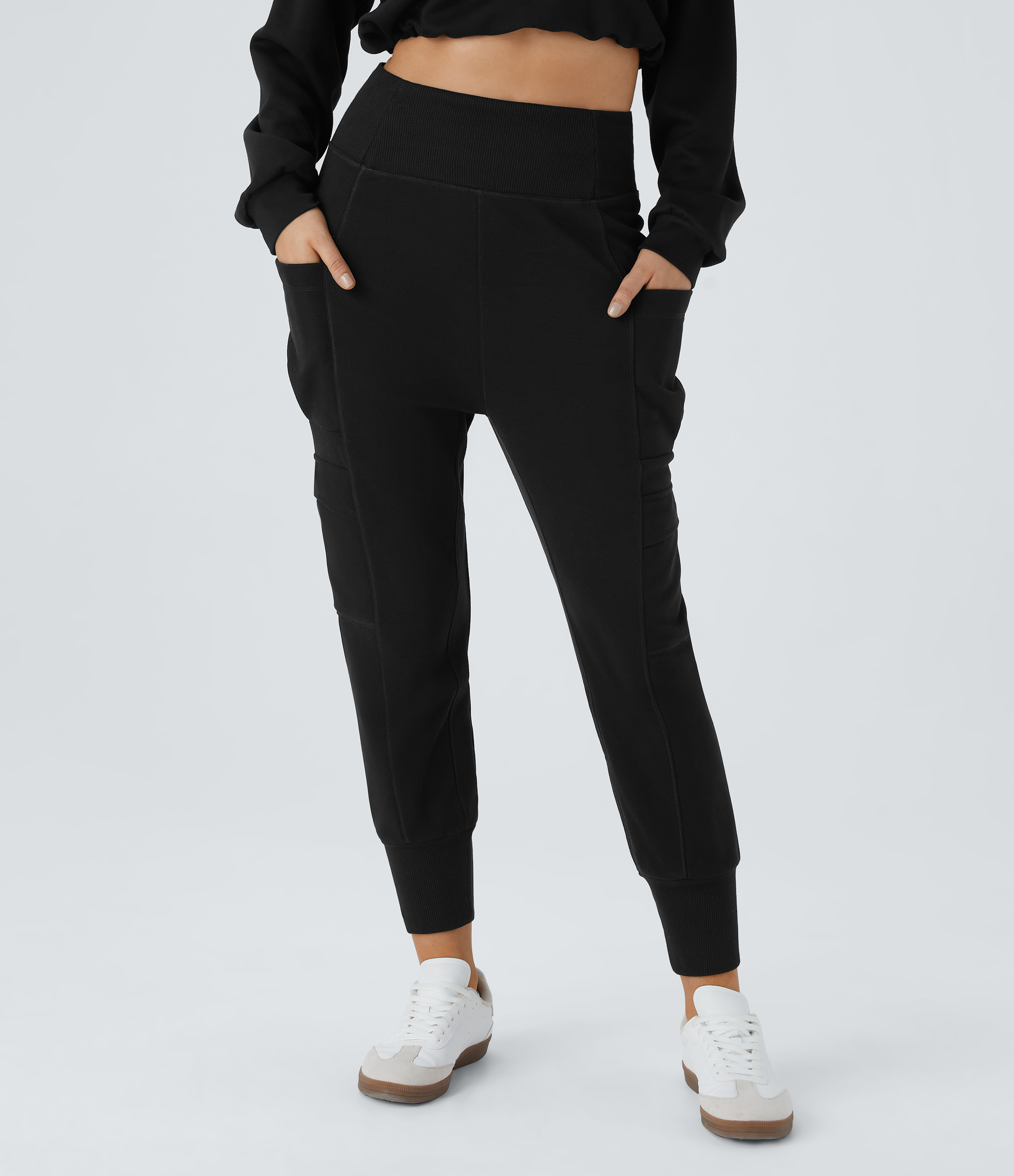 High Waisted Foldover Pocket Harem Fleece Casual Cargo Joggers