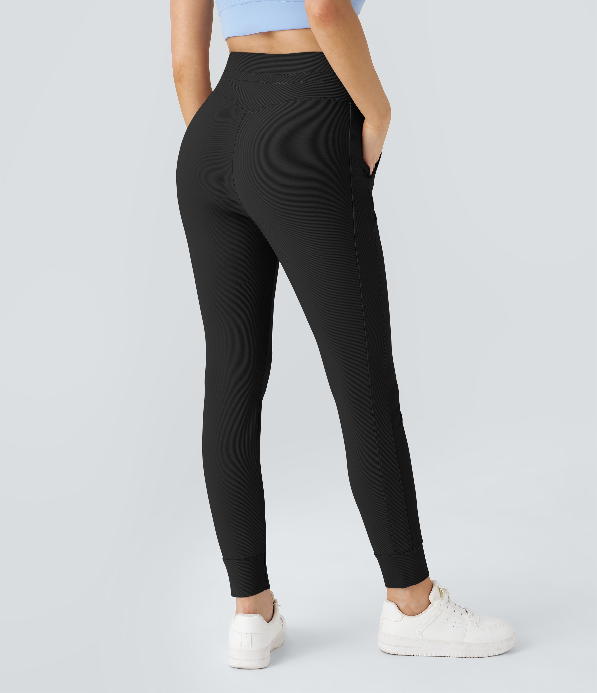 Negro Joggers Patitoff™ Flow liso largo completo bolsillo lateral cordón ajuste tiro alto resistente pelo mascota / 2