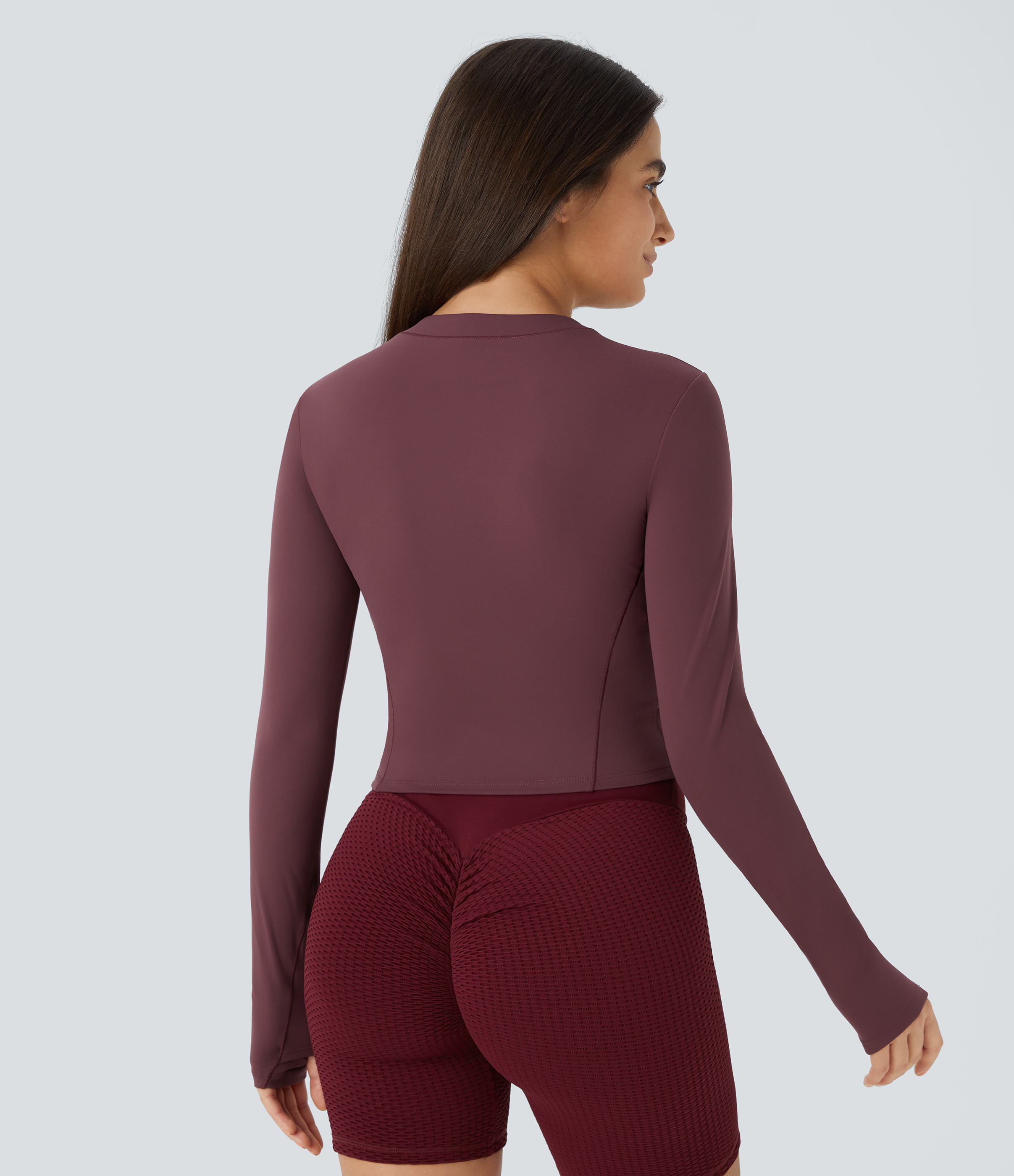 Red Mahogany SoftlyZero™ Plush Half Zip Long Sleeve Thumb Hole Cropped Golf Sports Top / 2