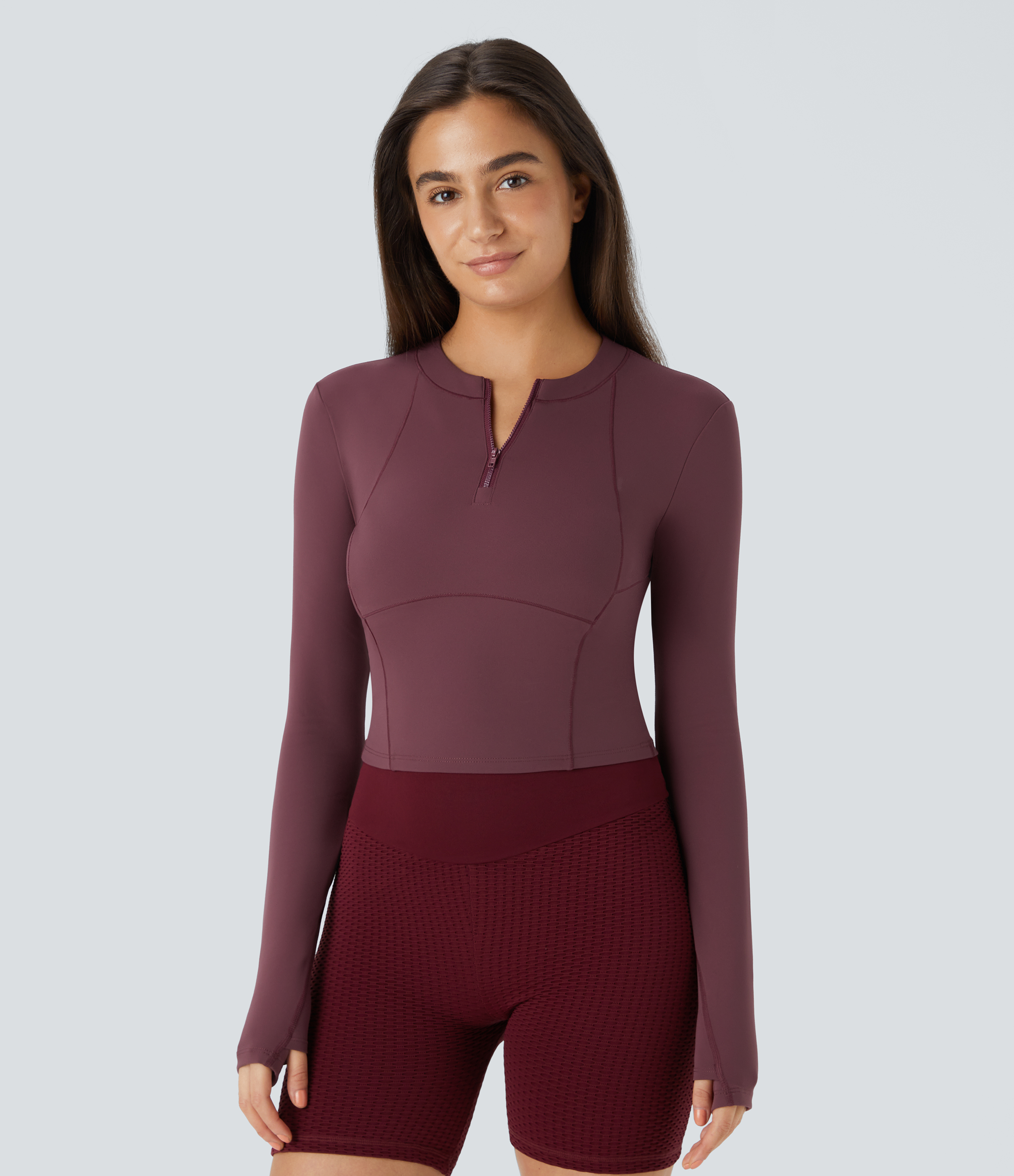 Red Mahogany SoftlyZero™ Plush Half Zip Long Sleeve Thumb Hole Cropped Golf Sports Top / 1