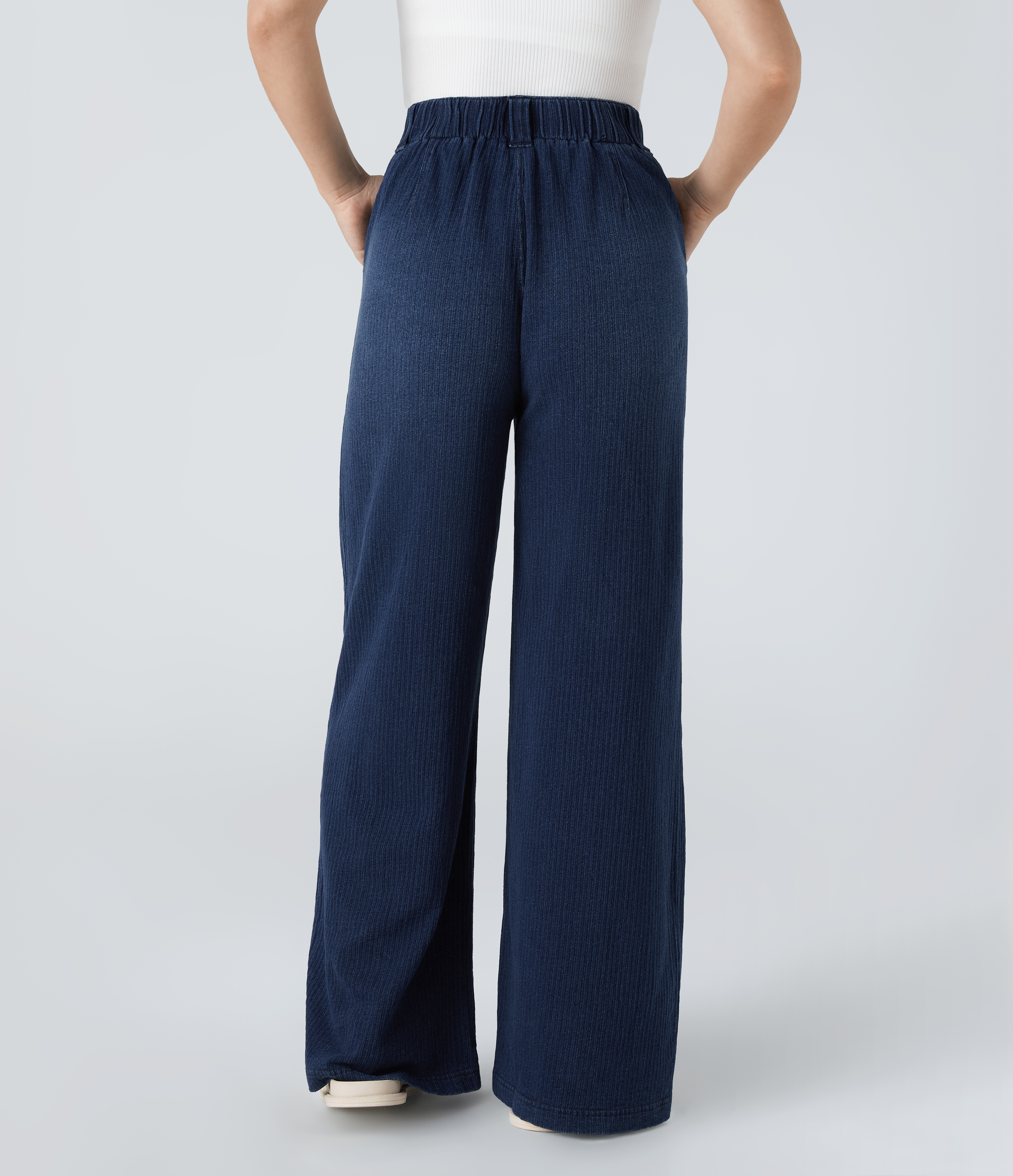 Dark blue Knit Denim Halara Flex™ 하이웨이스트 주름진 사이드 포켓 와이드 스트레치 니트 캐주얼 청바지 / 2
