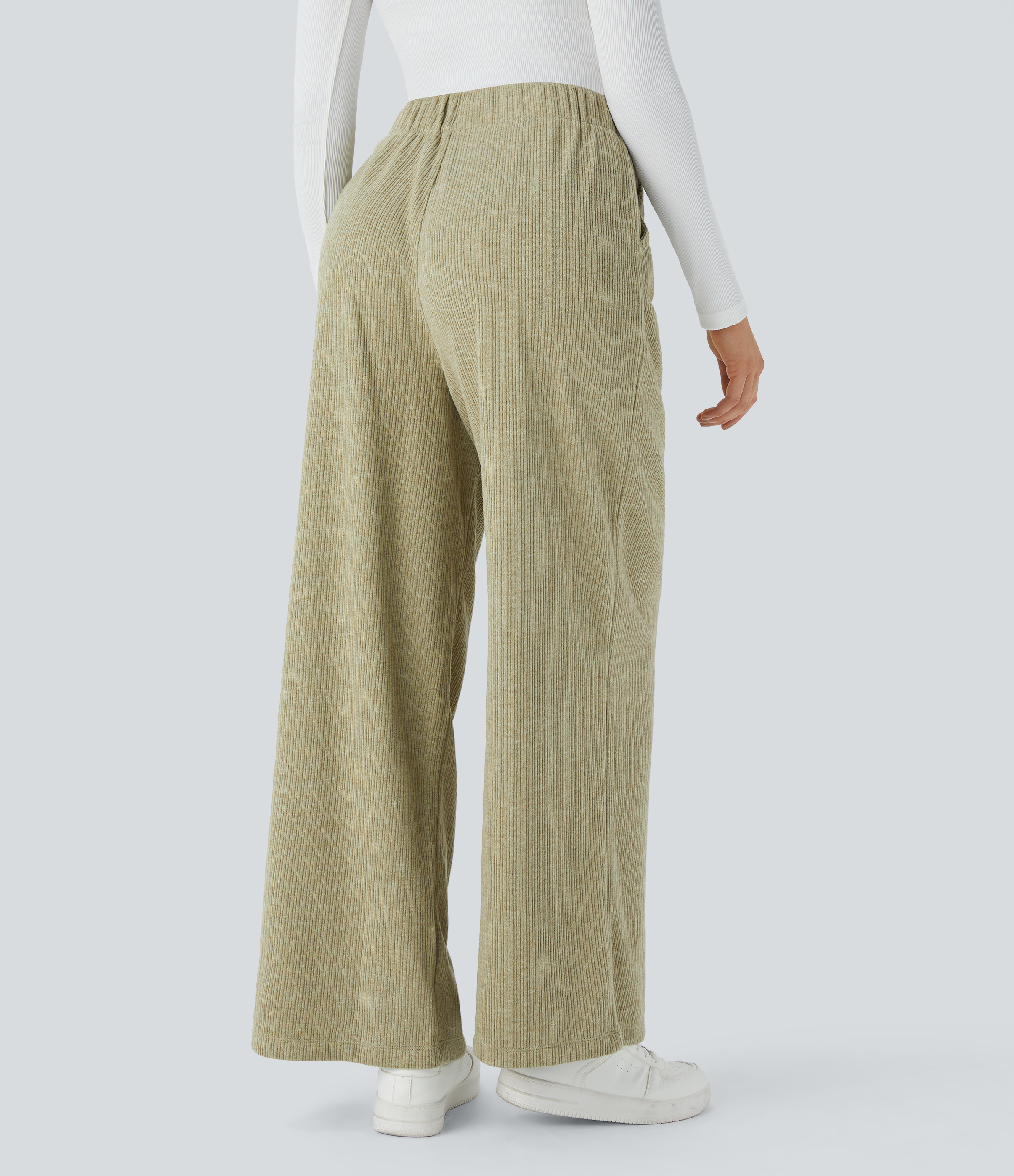 Gray Green Pantalón pierna ancha bolsillo lateral plisado tiro alto canalé / 2