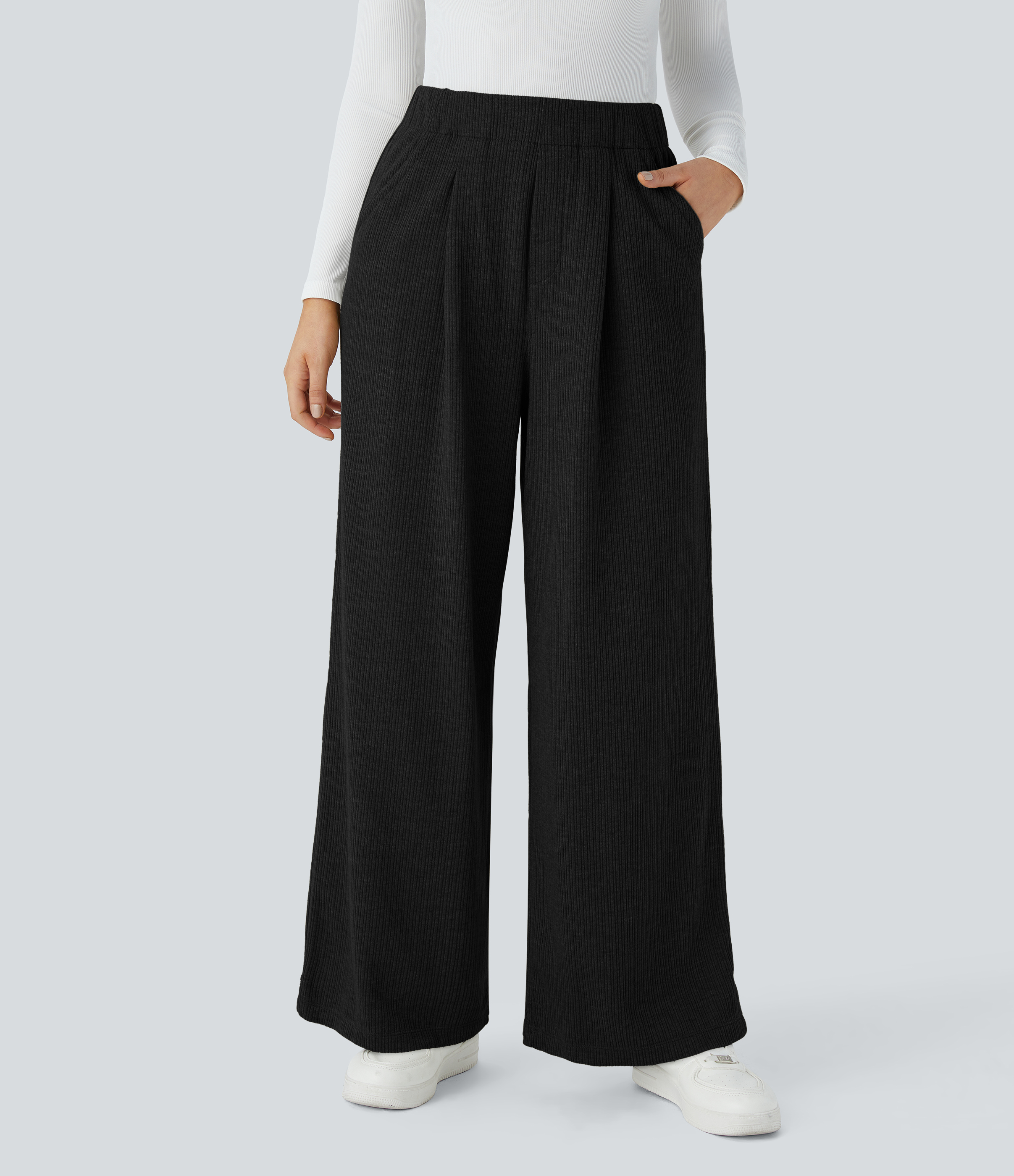 Pantalón pierna ancha bolsillo lateral plisado tiro alto canalé
