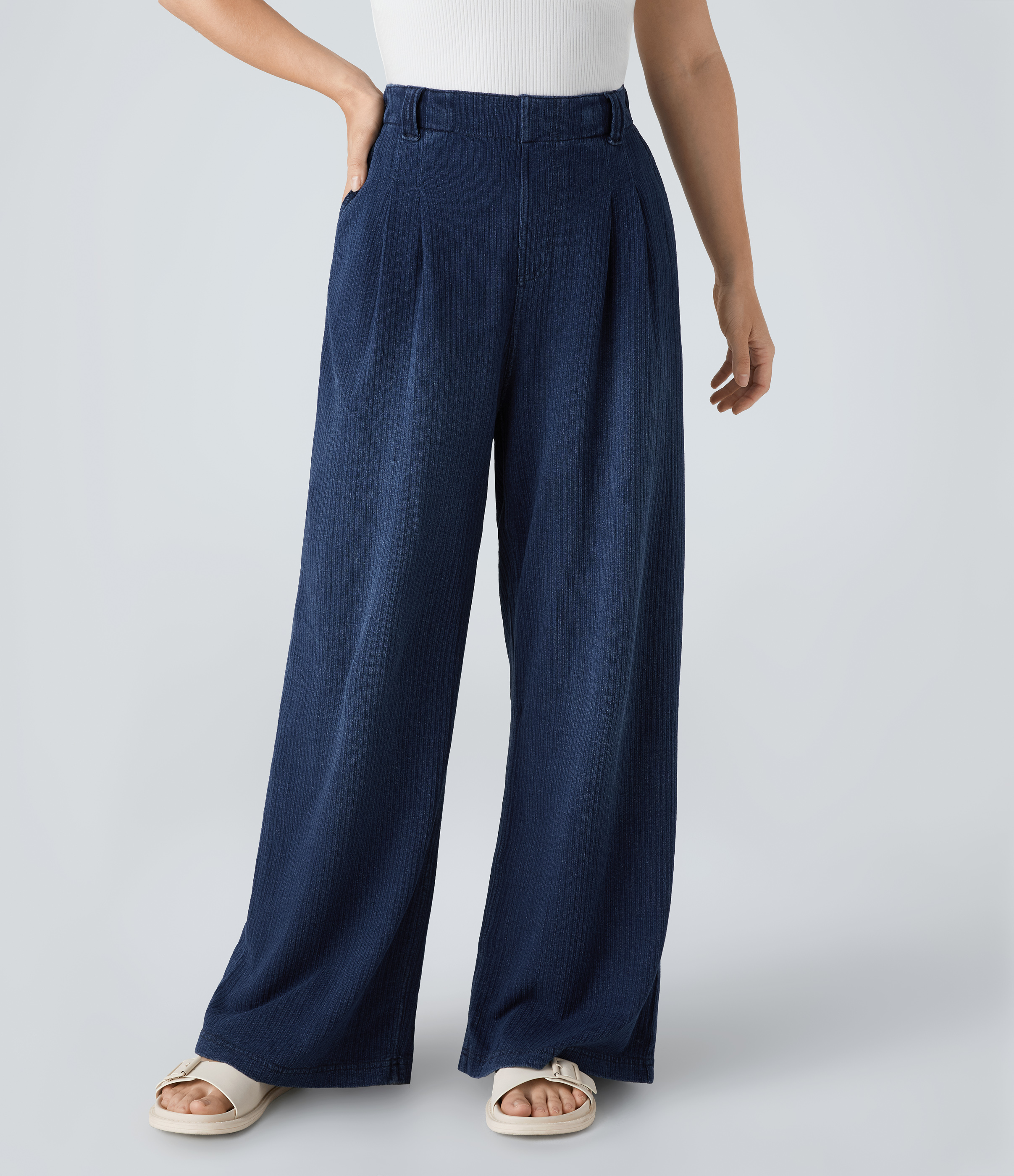Halara Flex™ High-Waisted Wide Stretch Knit Casual Jeans with Pleated Side Pockets