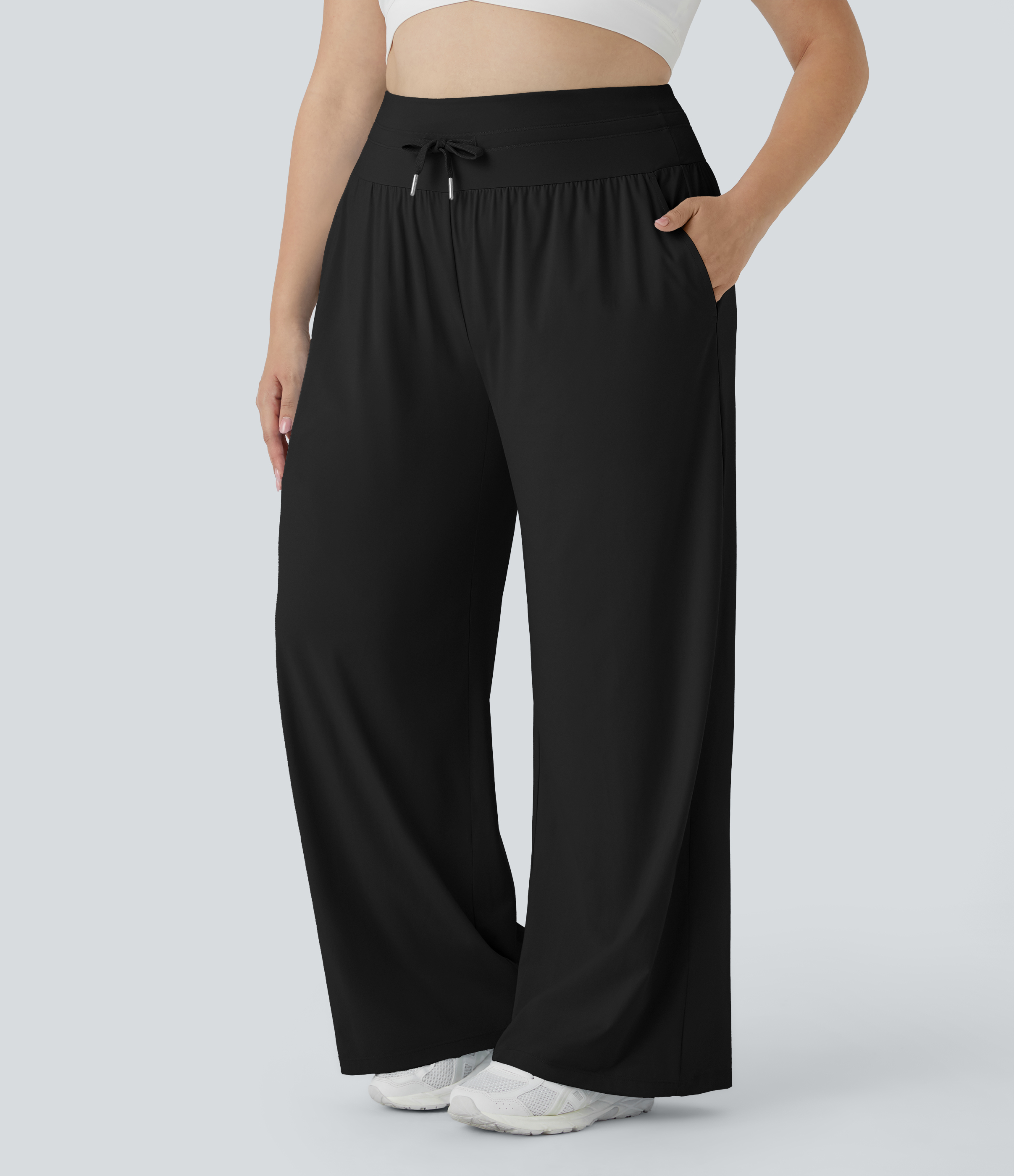 Noir Taille haute, taille à cordon, haut à poches ; pantalon à jambe large, frais et décontracté, grande taille - UPF50+ / 2