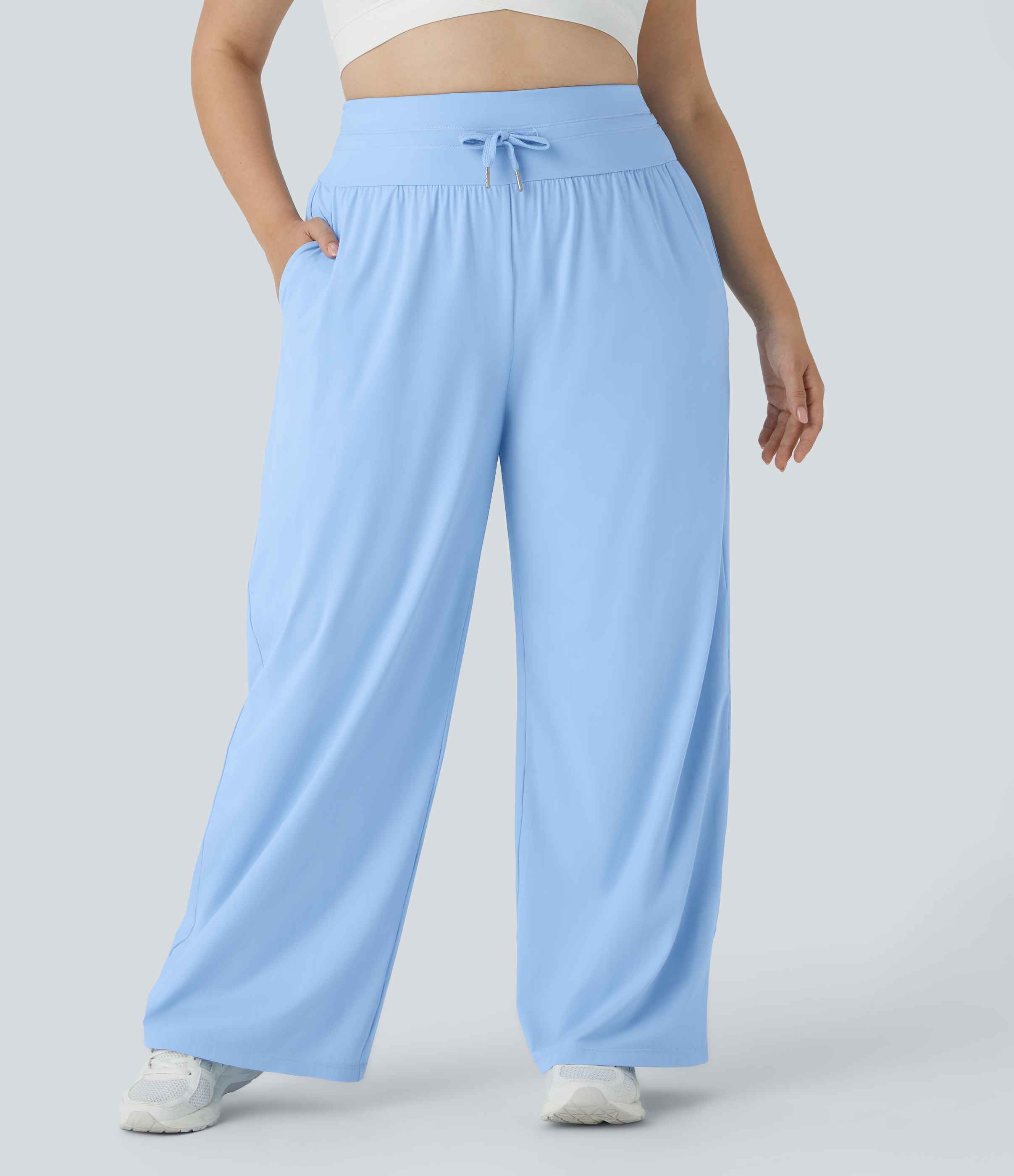 Pantalón tiro alto cordón bolsillo lateral pierna ancha tacto fresco talla grande