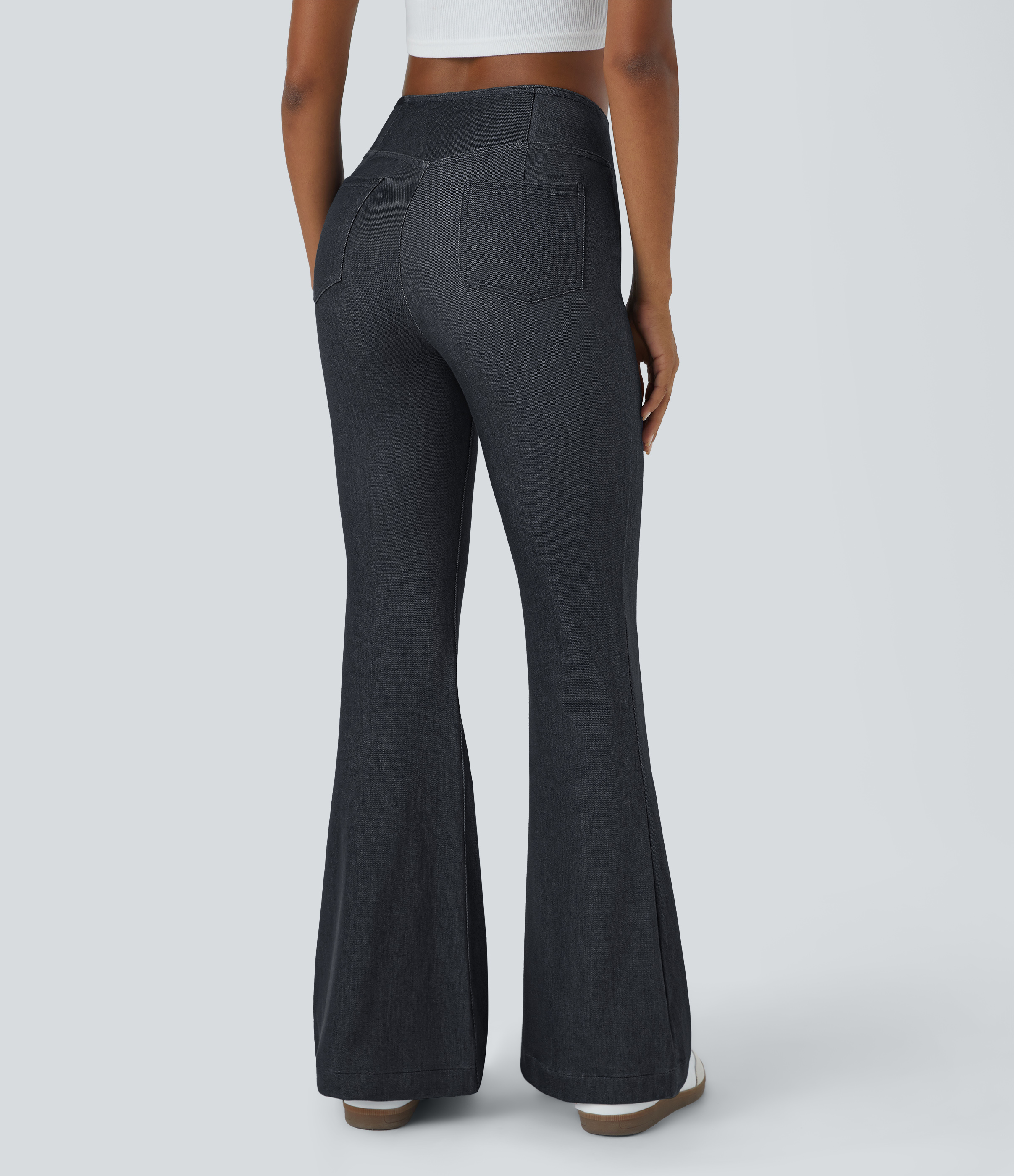 Washed Denim Dark Blue Halara Flex™ 하이웨이스트 크로스오버 뒷주머니 스트레치 니트 캐주얼 플레어 청바지 / 2