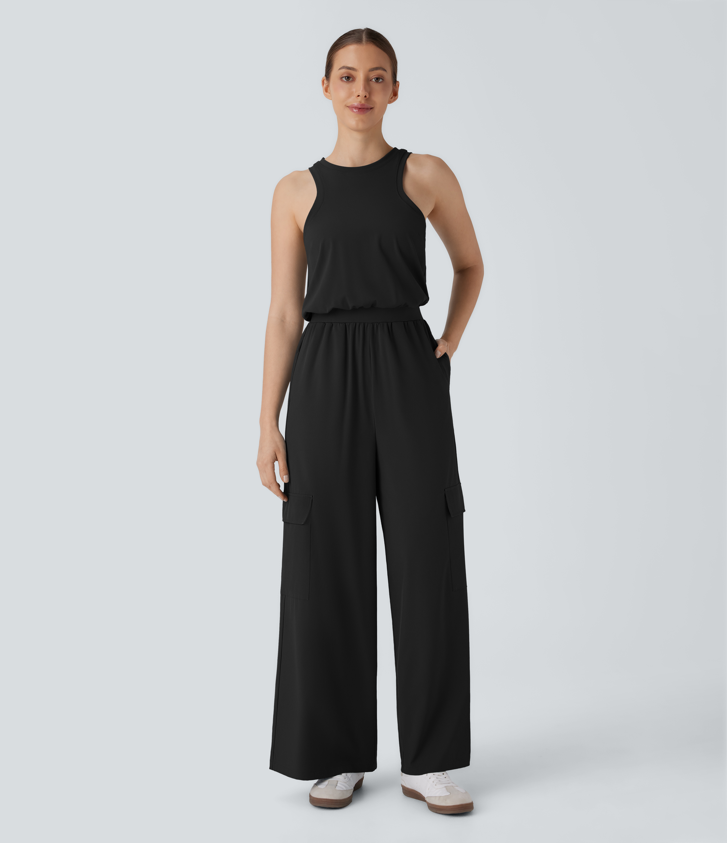 Negro Mono casual Breezeful™ recto sin mangas de cuello redondo con cremallera invisible, múltiples bolsillos y secado rápido / 1