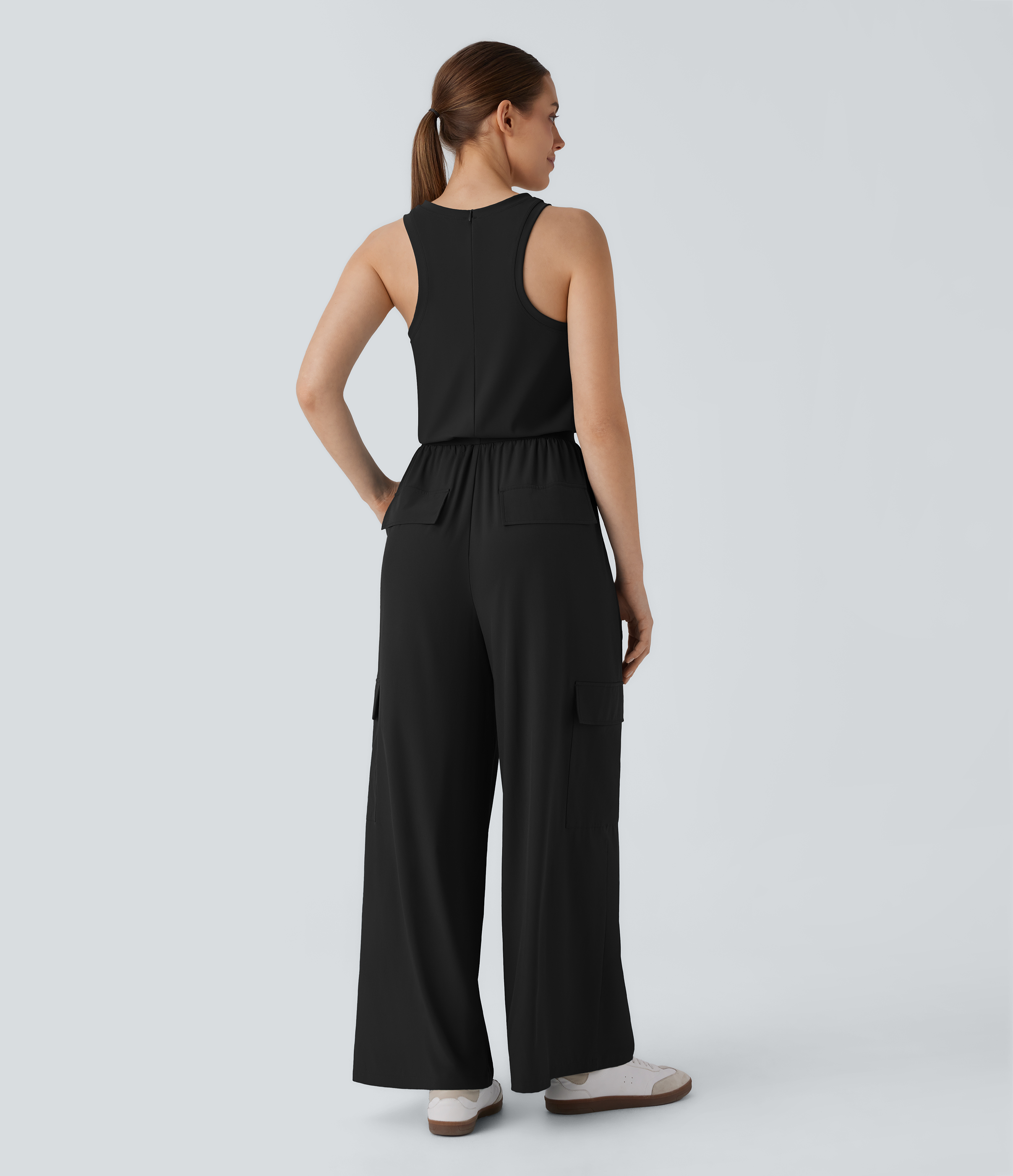 Negro Mono casual Breezeful™ recto sin mangas de cuello redondo con cremallera invisible, múltiples bolsillos y secado rápido / 2