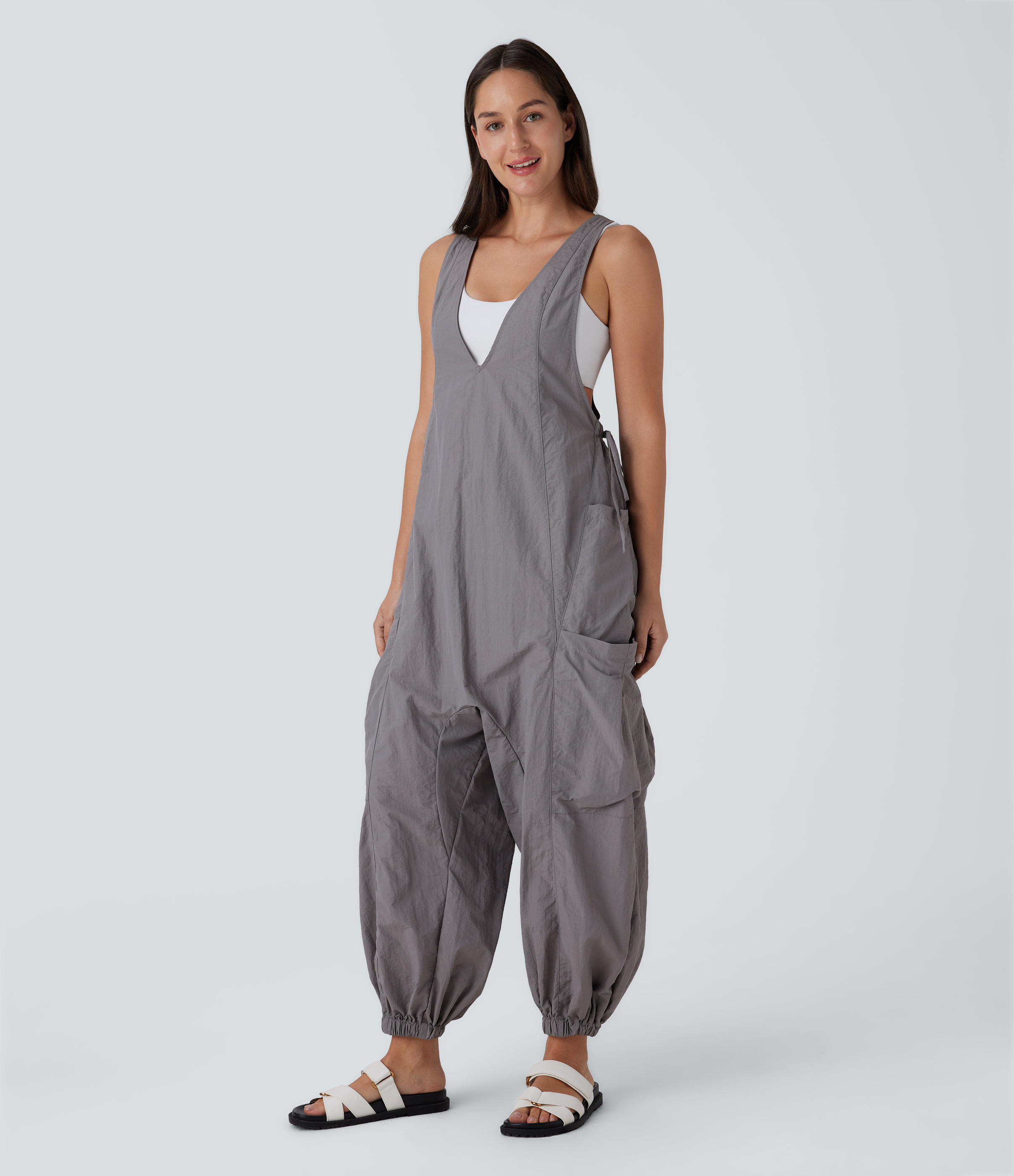 V Neck Sleeveless Drawstring Pockets Relax Cargo Jumpsuit