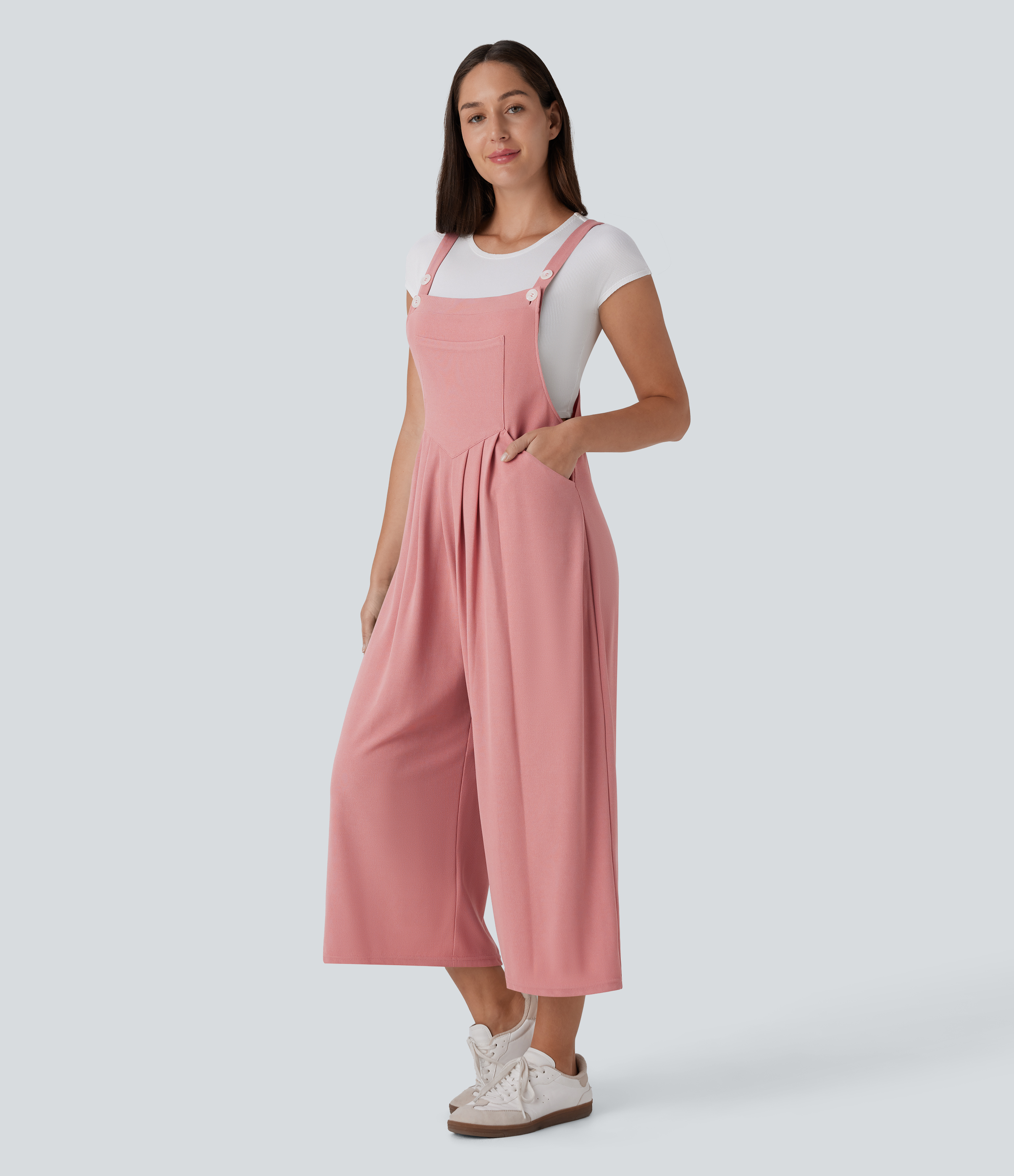 Adjustable Strap Button Multiple Pockets Capri Waffle Casual Dungarees