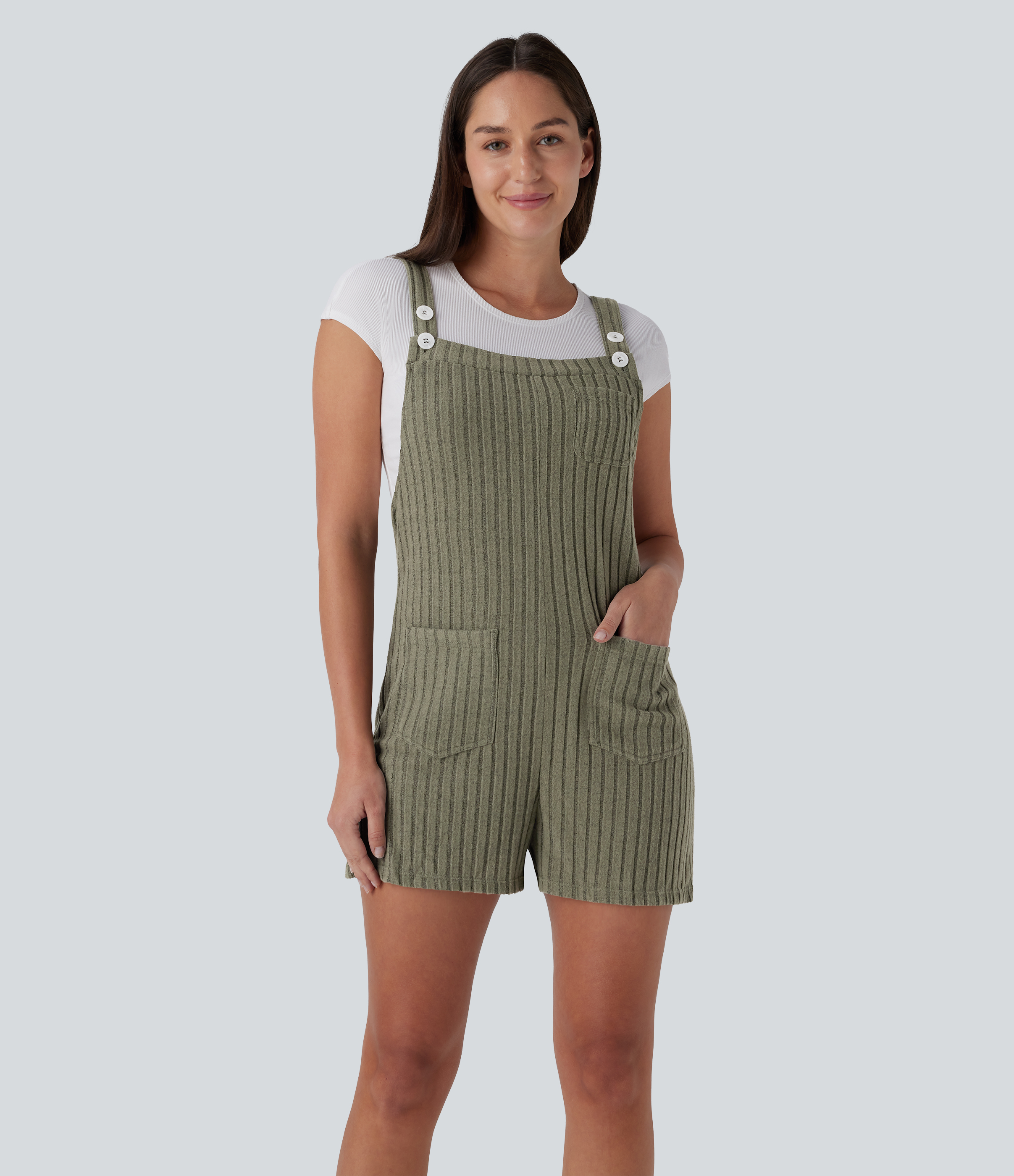 Ribbed Knit Pockets Casual Short Overalls