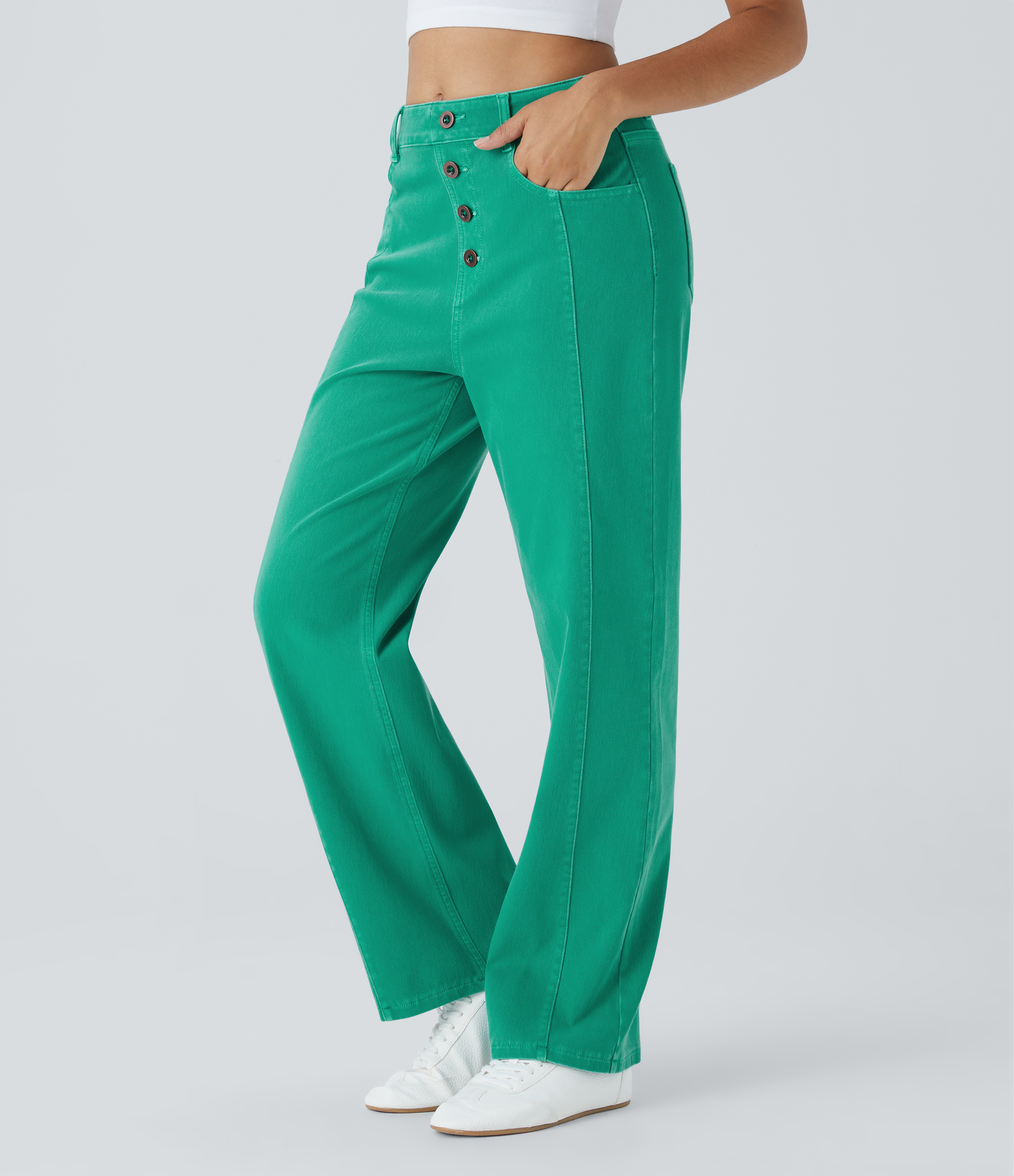 Halara Flex™ High-Waisted, Decorative Button, Multi-Pocket, Straight Leg, Colorful Stretch Knit Casual Boyfriend Jeans