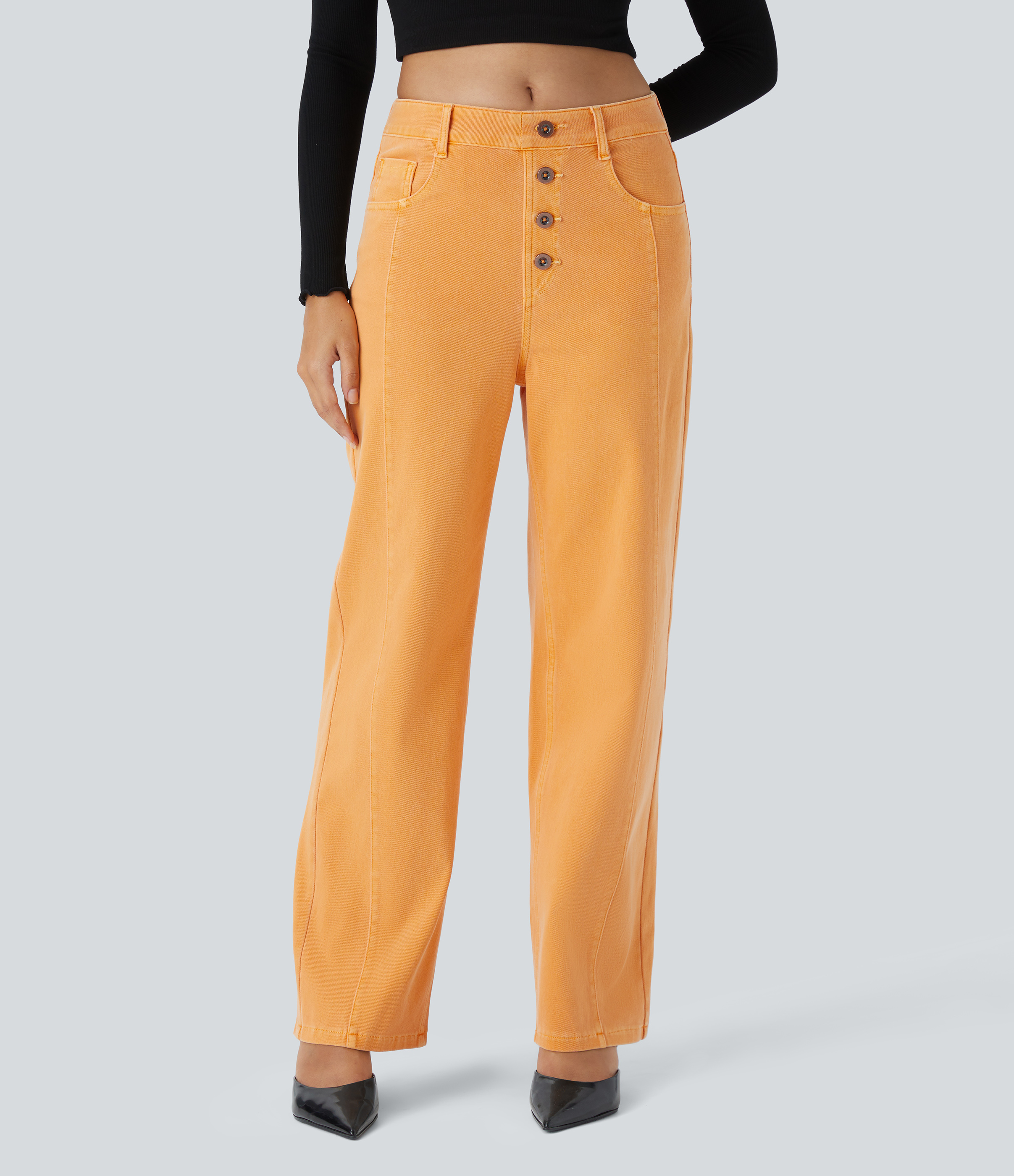 Halara Flex™ ハイウエスト 装飾ボタン マルチポケット ストレートレッグ カラフル ストレッチニット カジュアル ボーイフレンド ジーンズ