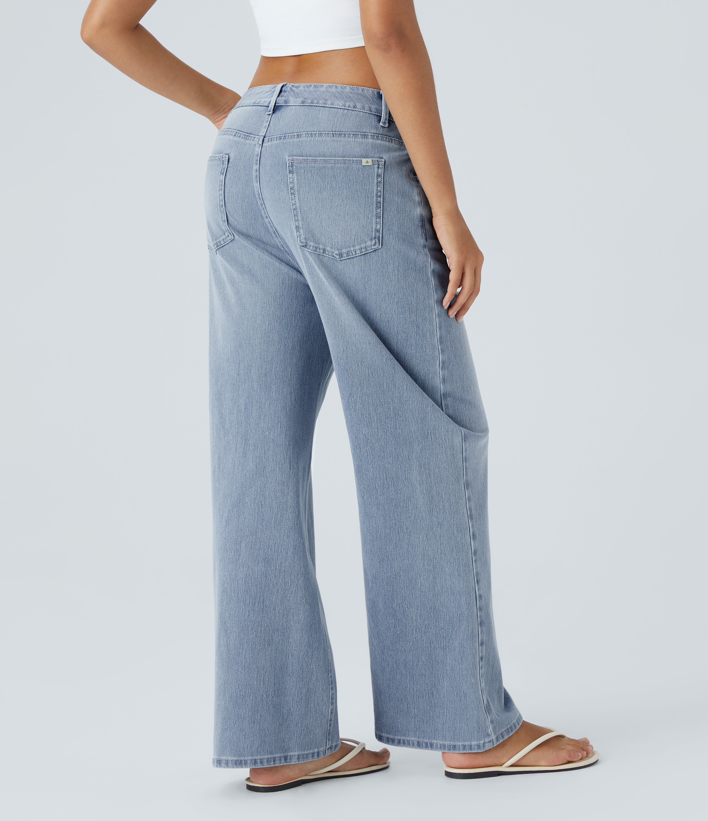 Light Azure Denim Halara Flex™ ミッドライズ マルチポケット ウォッシュ加工 ストレッチニット ワイドレッグ カジュアルジーンズ / 2