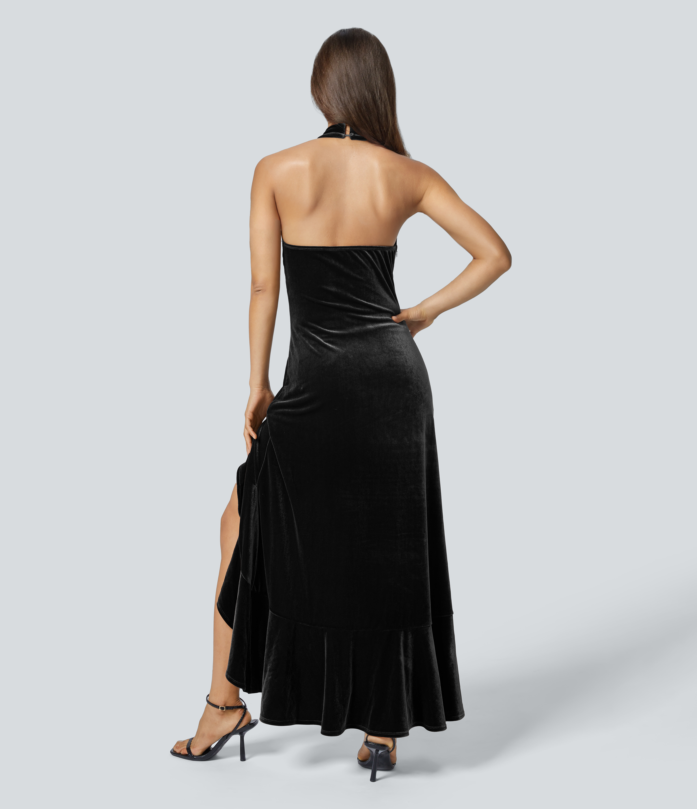 Women's Halter Neck Backless Invisible Zipper Ruffle Hem