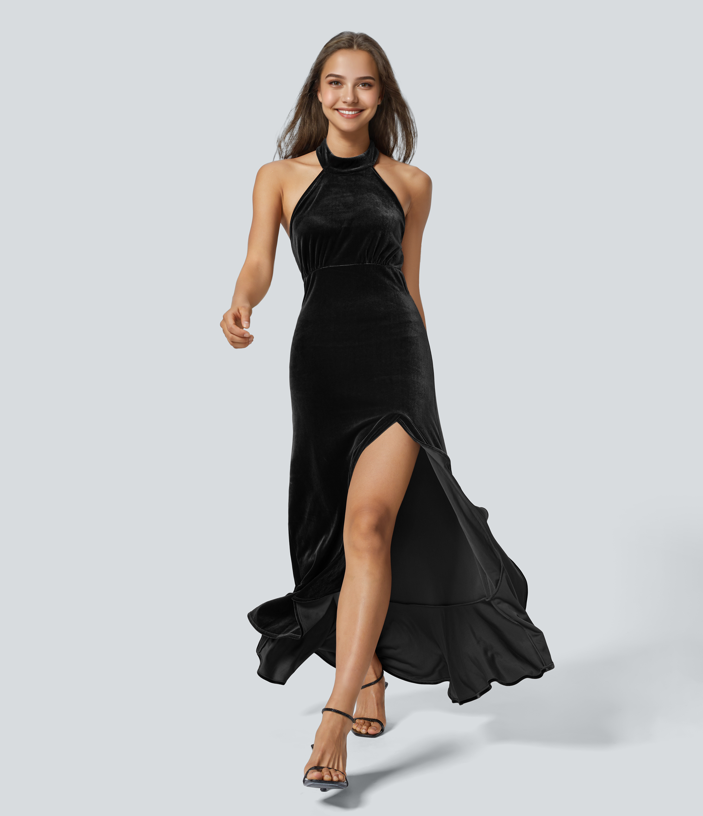 Women's Halter Neck Ruffle Hem Velvet Maxi Dress - Halara